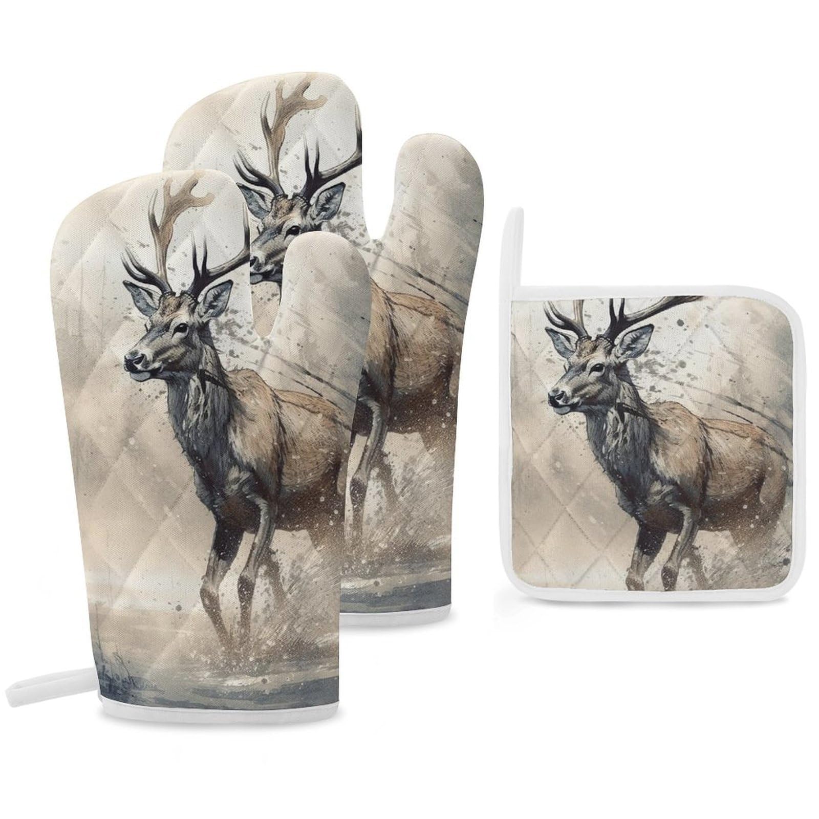 Oven Mitts And Pot Holders Sets of 3 Heat Resistant BBQ Gloves Deer Jumping Painting Oven Mitts Gloves Non-Slip Kitchen Mittens Potholders for Cooking Baking Grilling BBQ Microwave