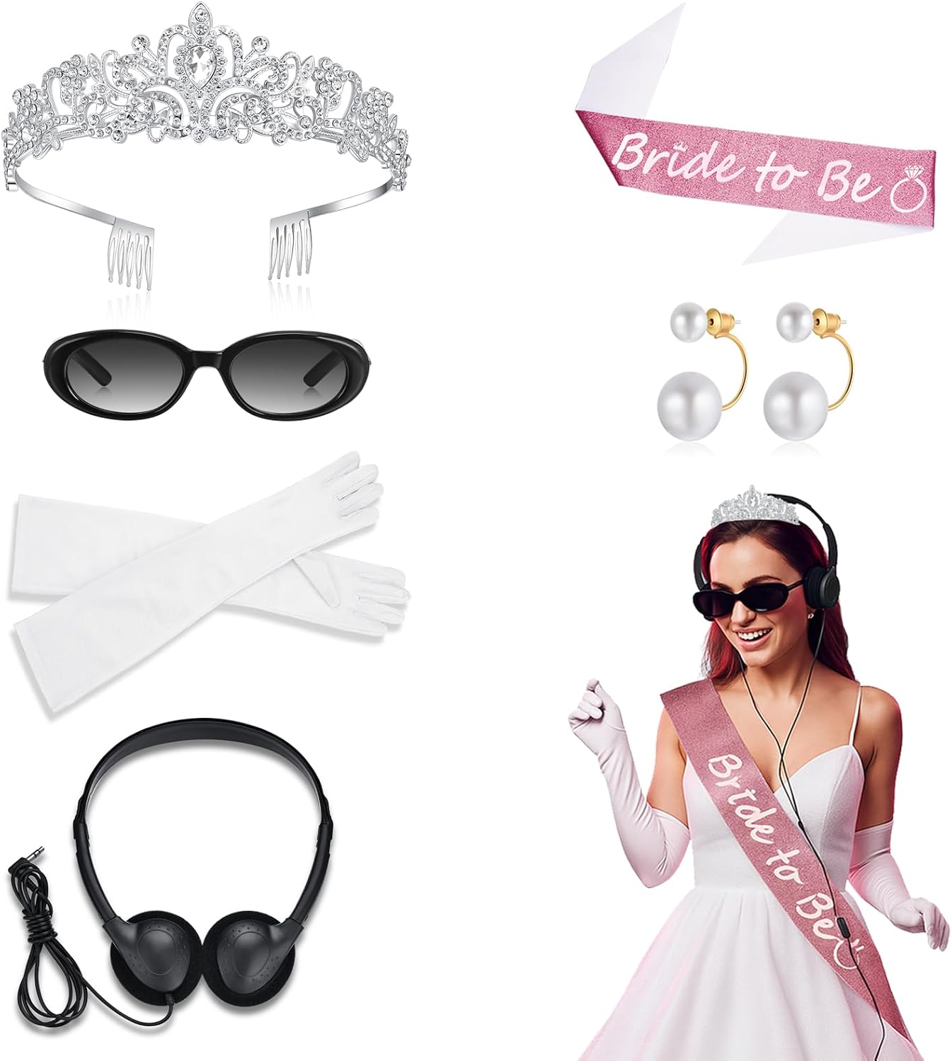 Princess Bachelorette Party Accessories Set – 6 Pcs Bride Kit with Tiara, Sunglasses, Gloves, Sash, Earrings & Headset – Pink Bridal Shower & Costume Decorations for Women