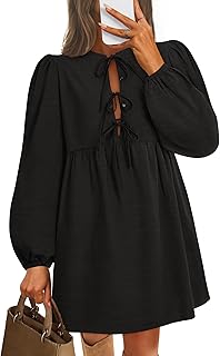 Women's Dress Fall Long Puff Sleeve Self Tie Front Babydoll A Line Pleated Cute Mini Tunic Dresses 2025