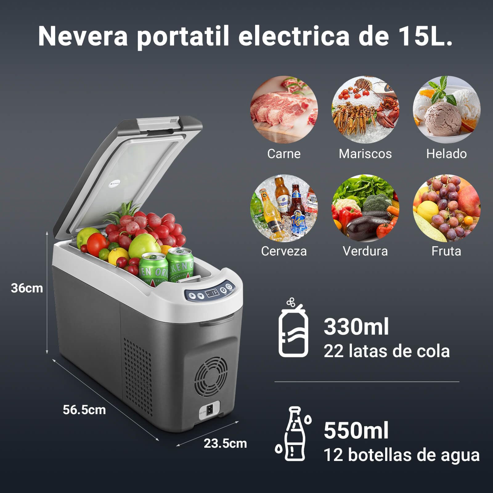 AAOBOSI Nevera Portátil 15 litros, Nevera 12v Compresor, Con Una Capacidad de Refrigeración de +20°C a -15°C Rara Coche, Camión, Barco y Autocaravana