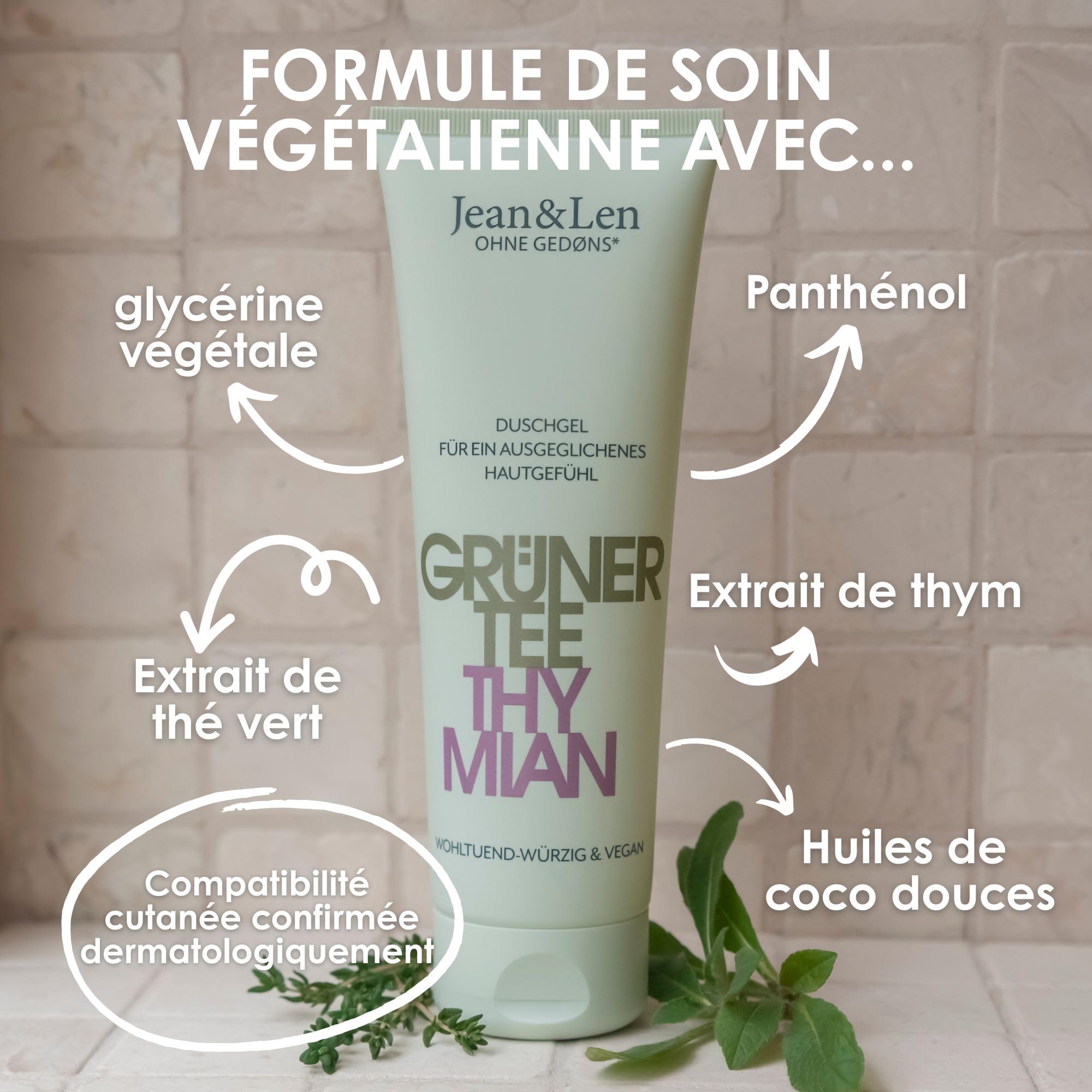 Image secondaire de Gel Douche Thé Vert & Thym - Jean & Len, 250 ml, Vegan et Sans Parabènes