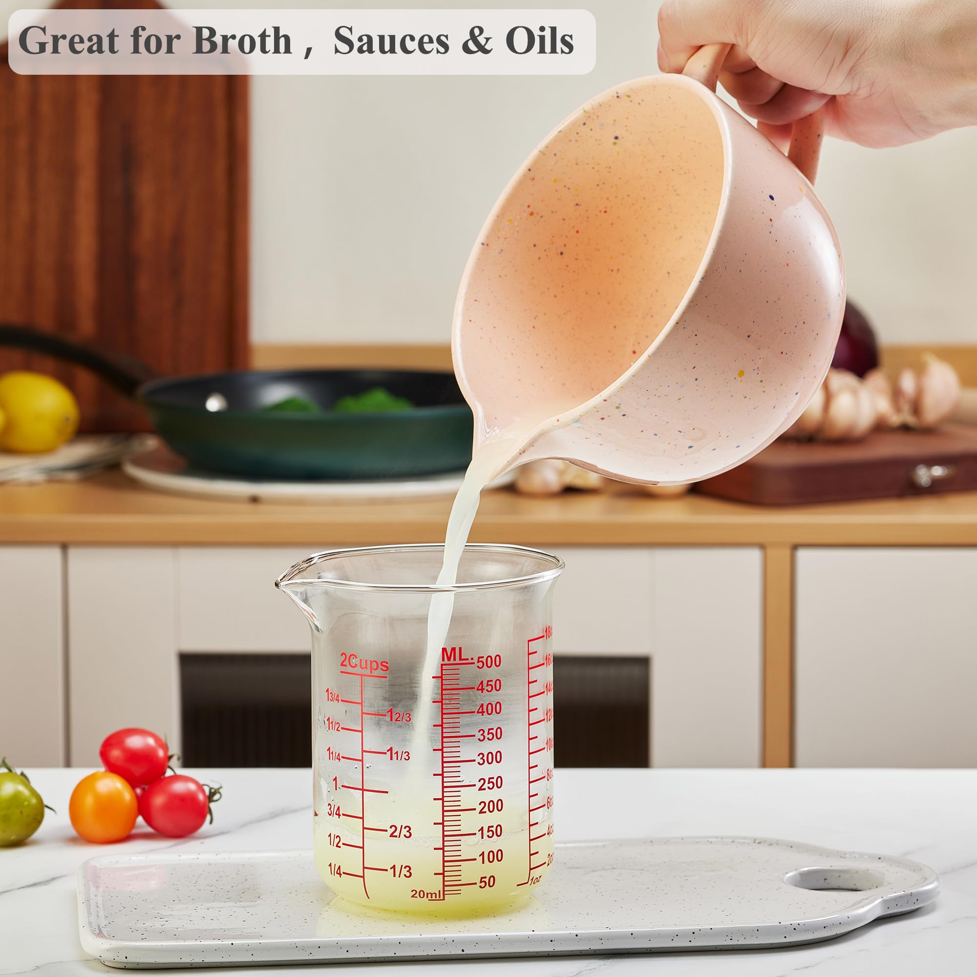 Vaso medidor de vidrio de borosilicato alto, boquilla en forma de V, vaso medidor de vidrio para cocina o restaurante, fácil de leer, 500 ml (16 onzas, 2 tazas)