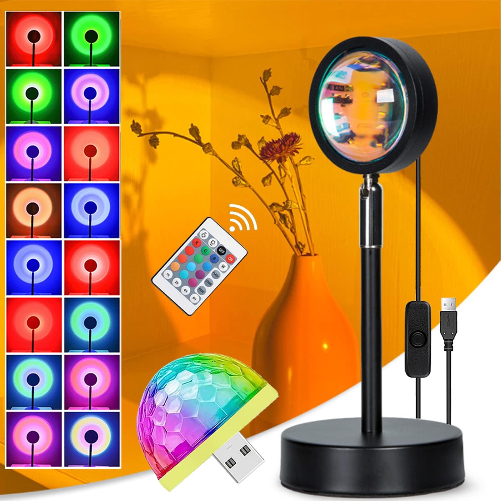 Sunset lamp - 16 Colors Sunset Projection Lamp and 4 Lighting Modes with Remote - Comes with a Voice-Activated Crystal Magic Ball