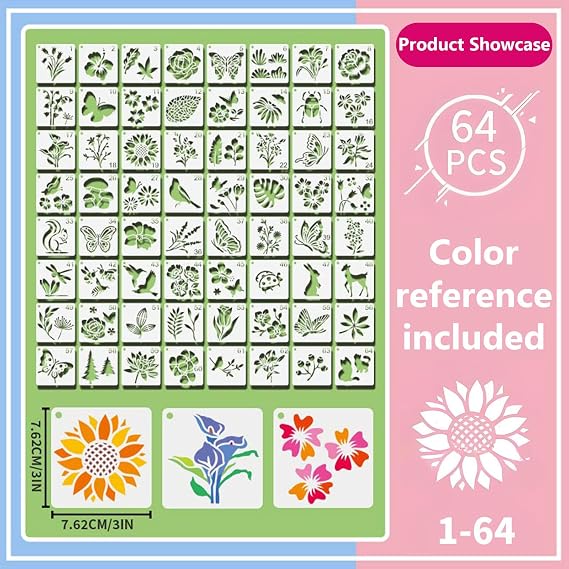 Flower Stencils for Painting 64 PCS 3 inch Reusable Openwork Nature Painting Templates of Bird Butterfly Flower Leaves for DIY Art Crafts on Scrapbook Wood Wall Window Home Decor