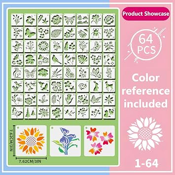 Flower Stencils for Painting 64 PCS 3 inch Reusable Openwork Nature Painting Templates of Bird Butterfly Flower Leaves for DIY Art Crafts on Scrapbook Wood Wall Window Home Decor