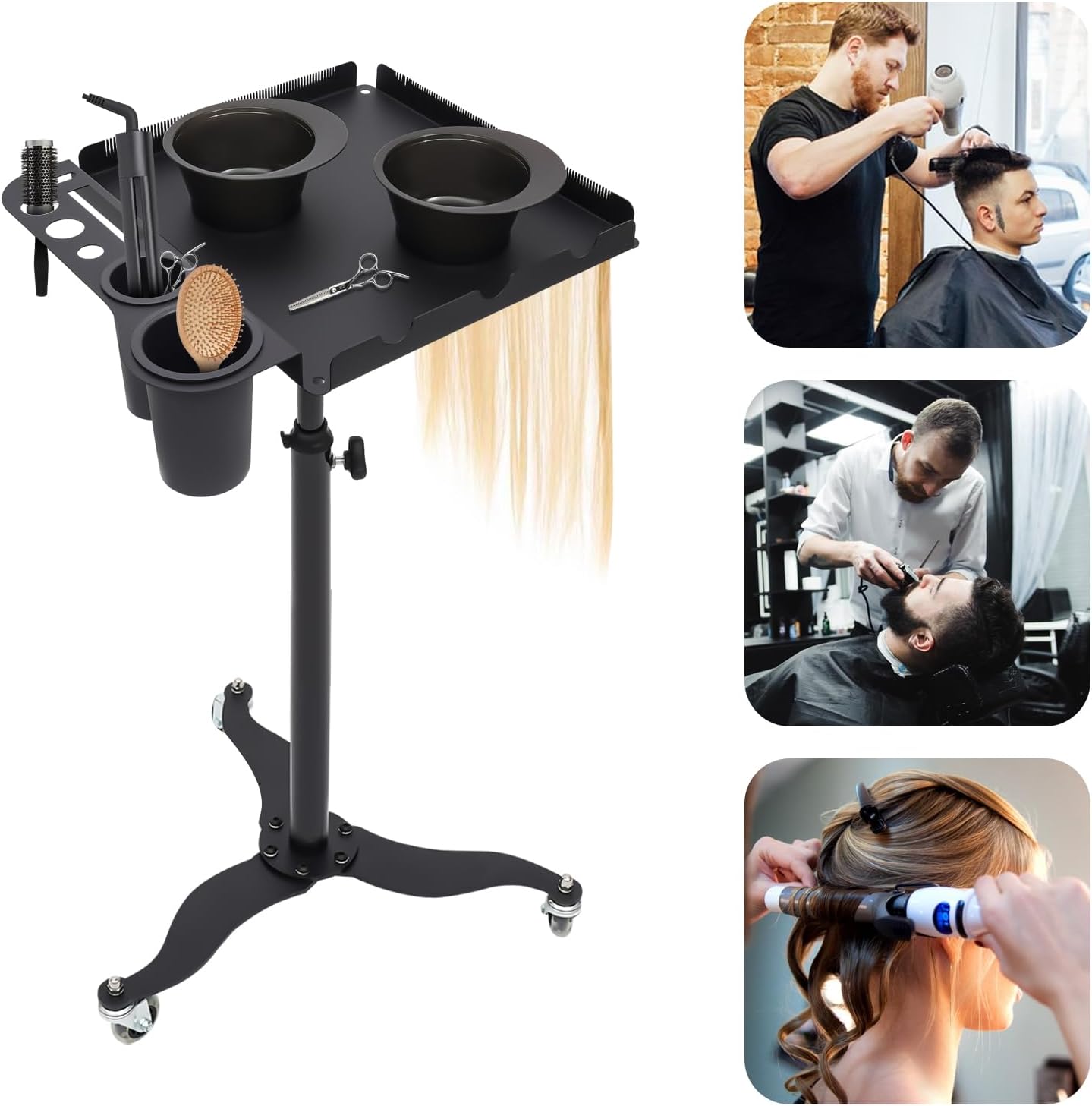 Salon Tray with 2 Bowls, Height-Adjustable Rolling Tray Cart with Tool Holders for Hair Stylist, Removable Beauty Trolley for Beauty Salons, Barber Stores