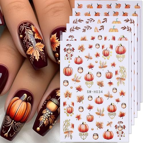 Fall Nail Art Stickers Autumn Leaf Pumpkin Nail Decals 3D