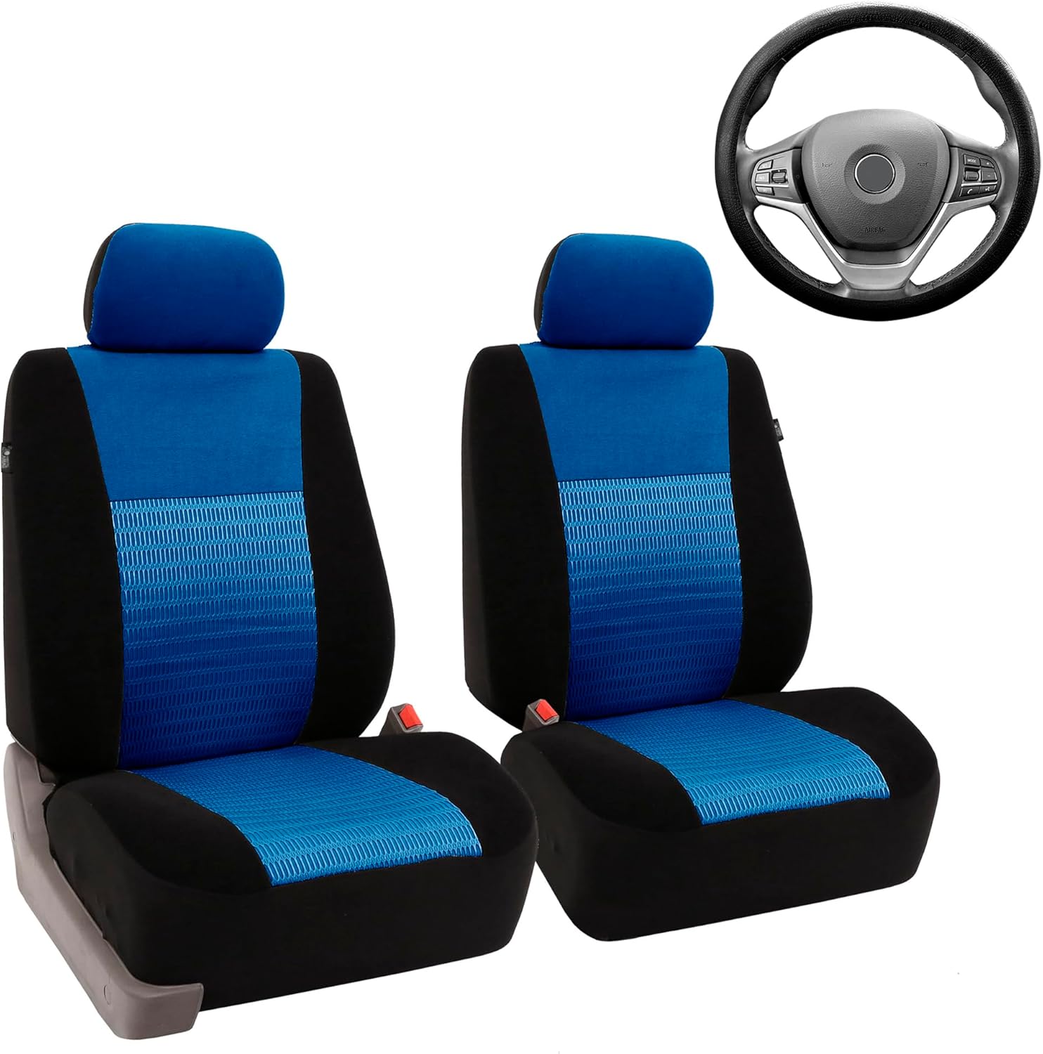 FH Group Trendy Elegance Car Seat Cover, s, Airbag & Split Ready w. Silicone Steering Wheel Cover, Color - Fit Most Car, Truck, SUV, or Van Blue/Black