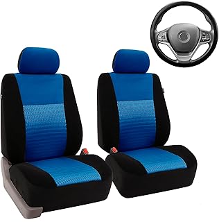 FH Group Trendy Elegance Car Seat Cover, s, Airbag & Split Ready w. Silicone Steering Wheel Cover, Color - Fit Most Car, Truck, SUV, or Van Blue/Black