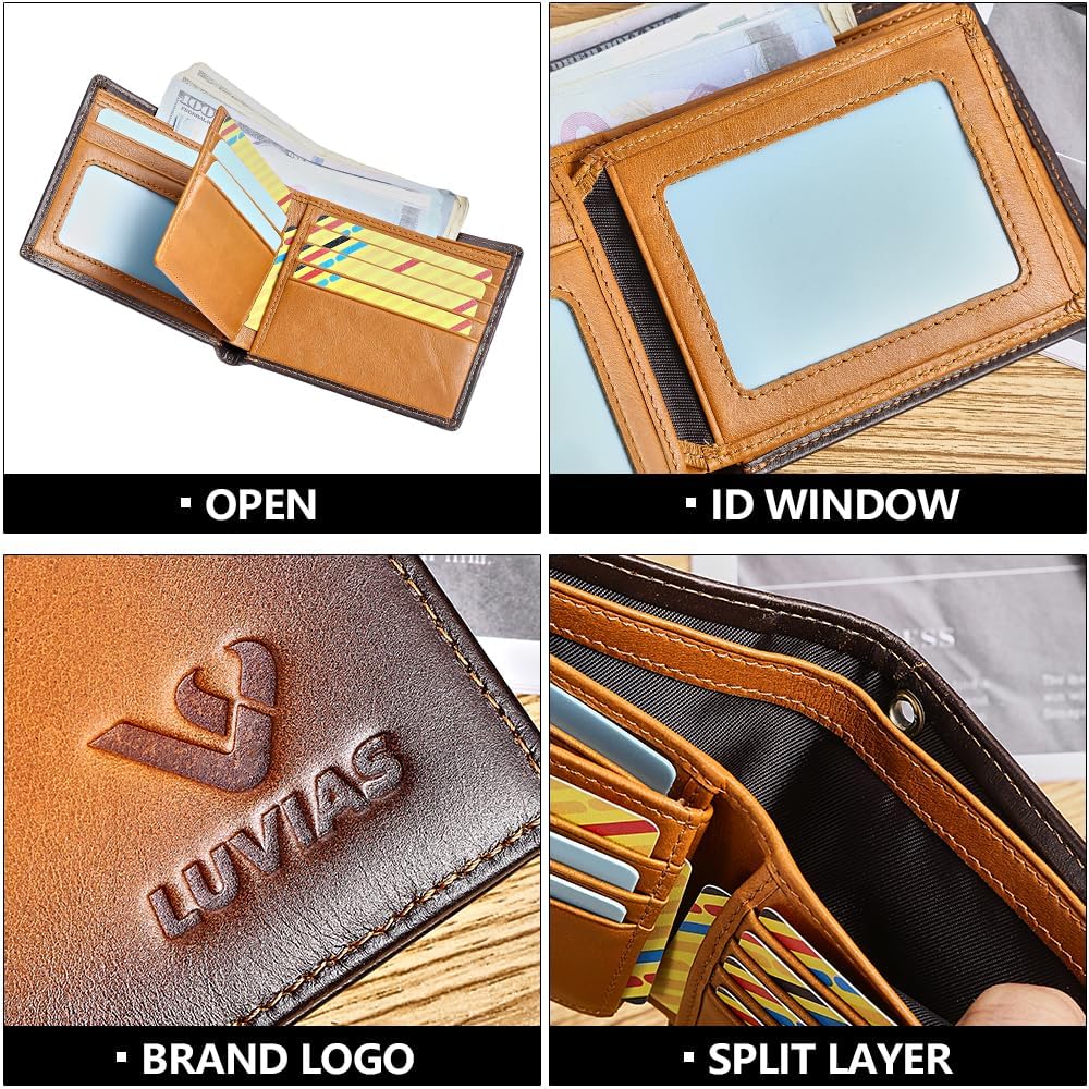 Mens Wallet with Chain RFID Blocking Genuine Leather Bifold RFID Blocking with ID Windows Card Holder Wallet with Gift Box - Image 6