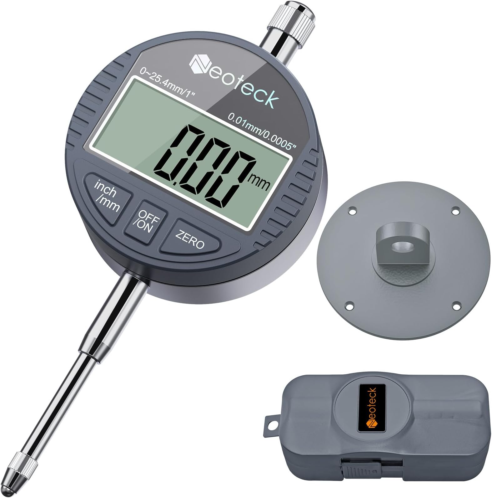 Neoteck DTI Digital Dial Indicator 0.01/0.0005'' Digital Probe Indicator Dial Test Gauge Range 0-25.4mm/1'' Dial Test Indicators Electronic Indicator Gauge-Gray