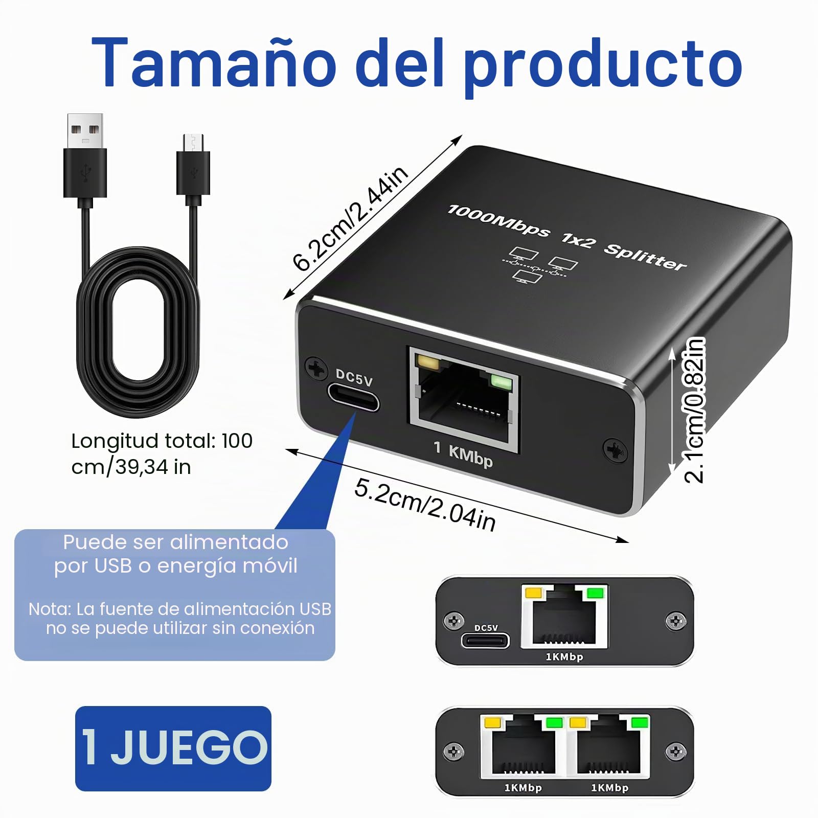 Conector Ethernet 1 a 2, Switch de Red de Alta Velocidad de 1000Mbps, Hub de Red 1x2 Gigabit LAN RJ45, Compatibilidad Cat 5/6/7/8 con Cable de Alimentación USB, Red Simultánea para 2 Dispositivos