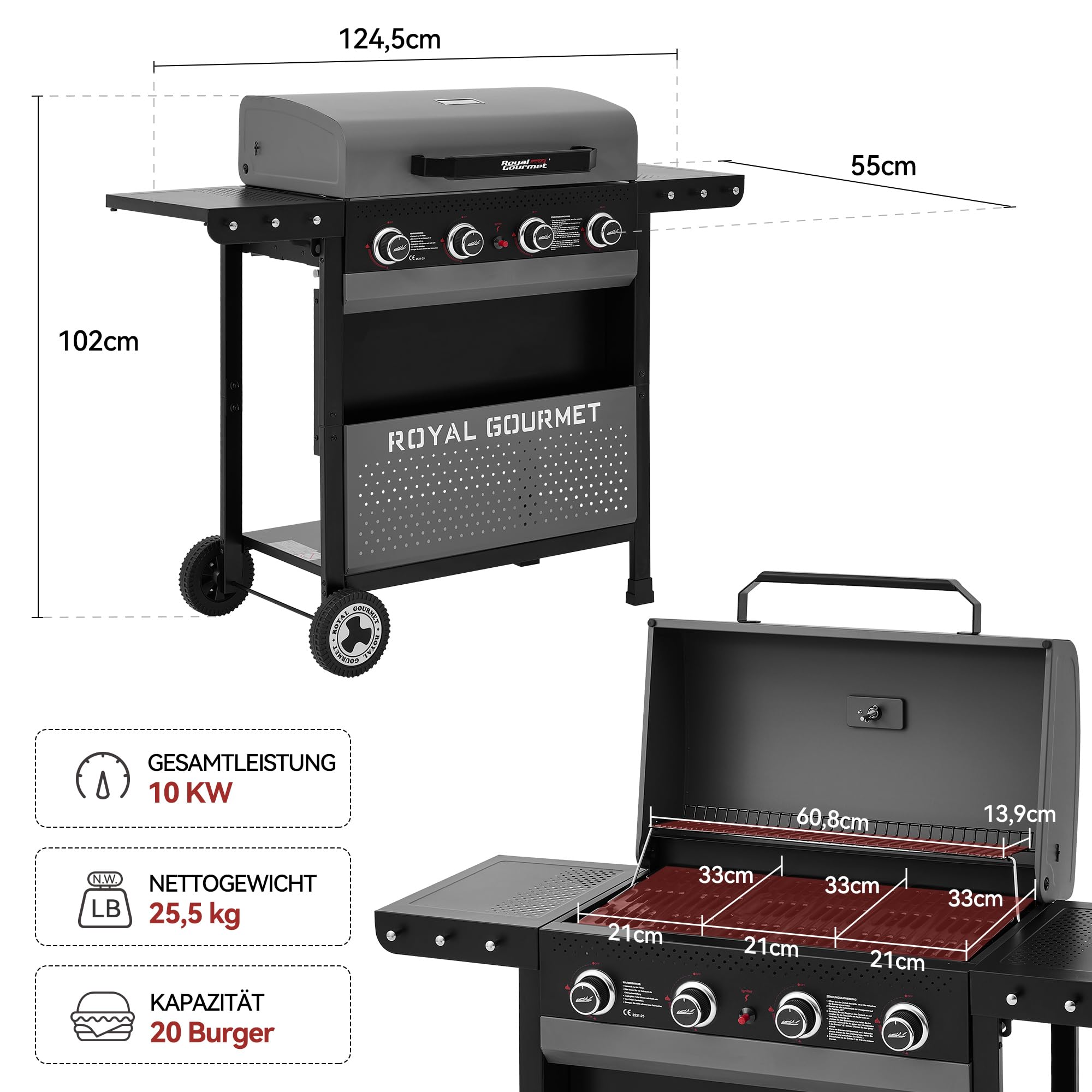 Royal Gourmet 4-Brenner Gasgrill 10 kW Grillwagen mit klappbaren Seitenablagen, Ablagekorb, Outdoor Gasgrill für Balkon, Terrasse, Garten und Camping