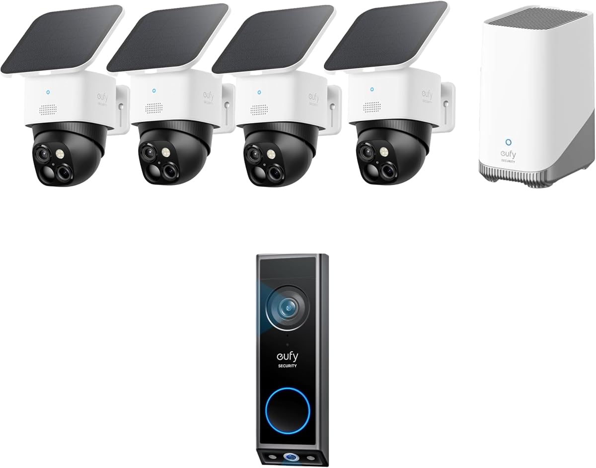 SoloCam S340 Kit de 4 cámaras (HomeBase S380) con timbre con video E340, cámara de seguridad solar, sin tarifa mensual