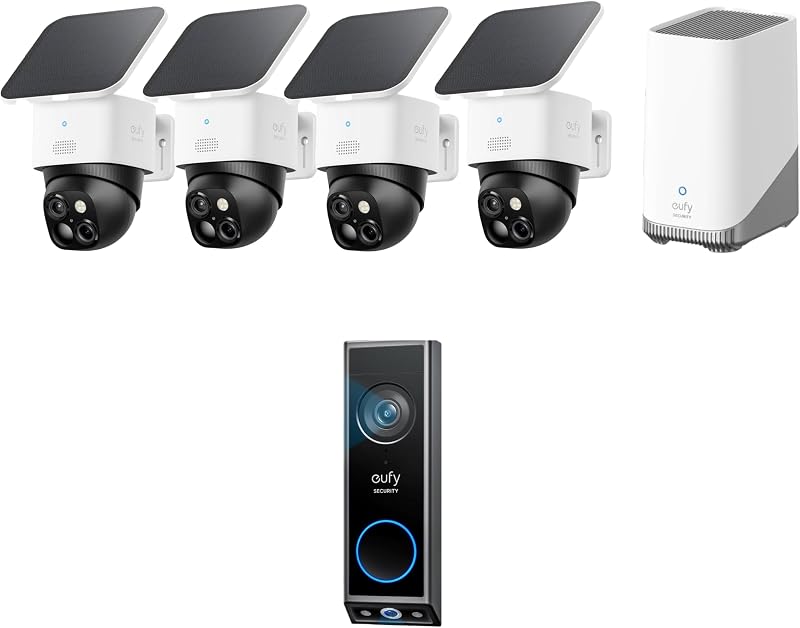 SoloCam S340 Kit de 4 cámaras (HomeBase S380) con timbre con video E340, cámara de seguridad solar, sin tarifa mensual