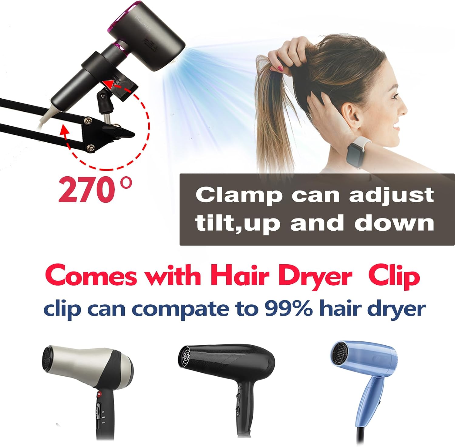Hair Dryer Stand Holder Rotate Hands Free Hair Dryer Stand Holder，Adjustable Hands Free Blow Dryer Holder，Blow Dryer Stand Hands Free Clip Suitable for 99%
