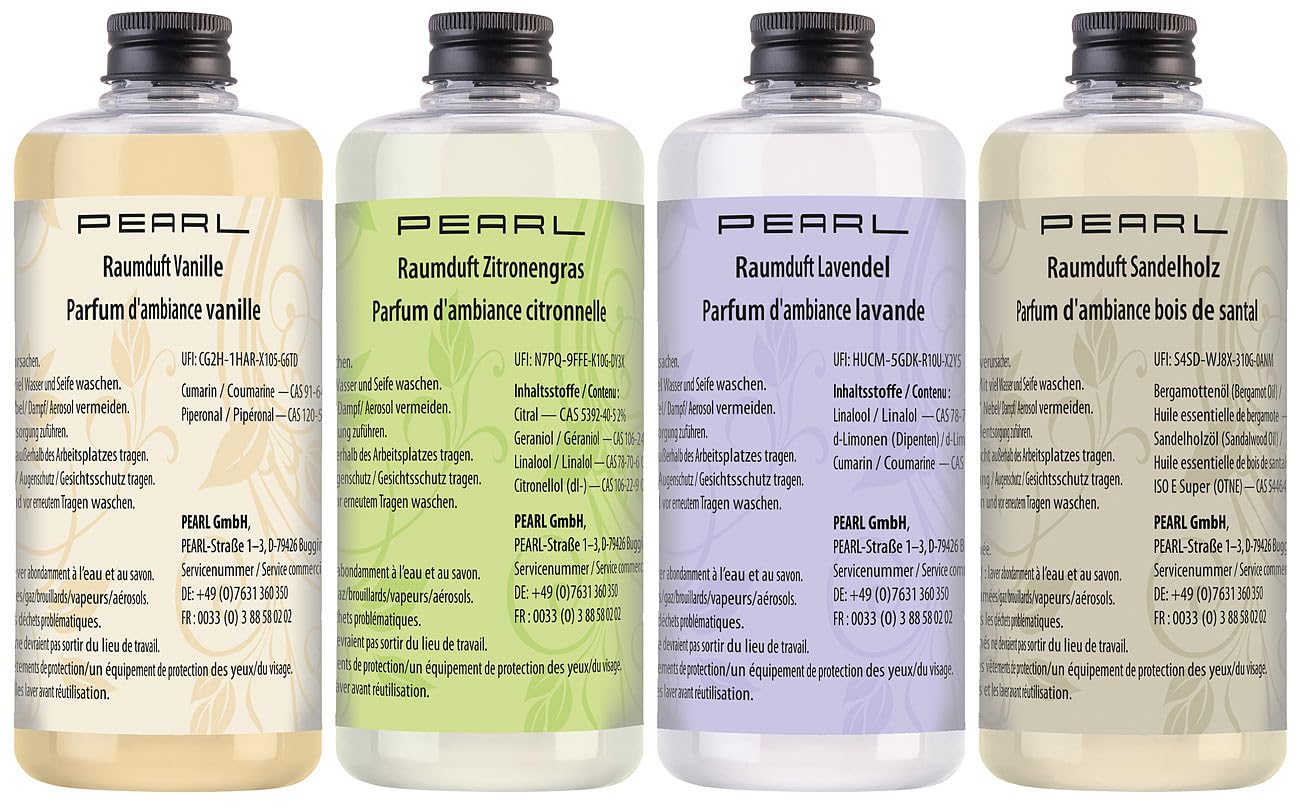 PEARL Raumduft Flüssigkeit: 4er-Set Raumduft-Nachfüllflaschen, 4 verschiedene Düfte, je 500 ml (Raumduftflaschen Nachfüllsets, Raumbeduftung Nachfüllflasche, Sauna)