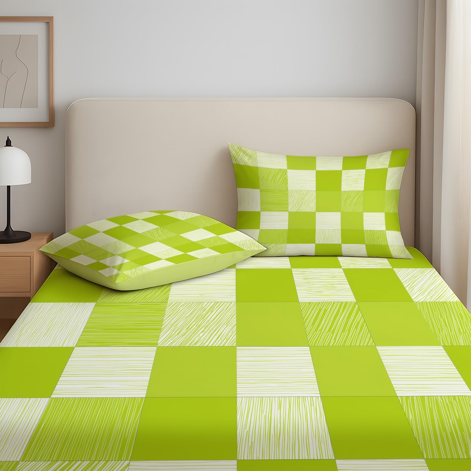 Geometrisch Kariert Spannbetttuch Frisch Quadrat Gittermuster Spannbettlaken 140 x 200 x 30 cm 3teilig Mikrofaser Bettwäsche Set mit 2 Kissenbezüge 80 x 80 cm Kein Flachbettlaken