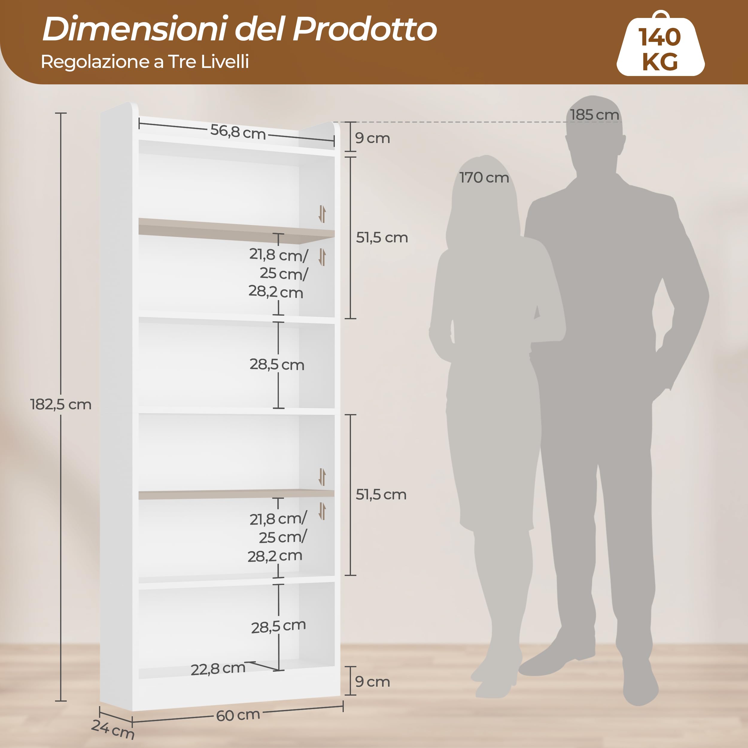 Yaheetech Libreria a 7 Ripiani, Scaffale in Legno con Ripiani Regolabili, 60 x 24 x 183 cm, Libreria Verticale Salvaspazio per Soggiorno, Cameretta, Studio, Ufficio, Bianco