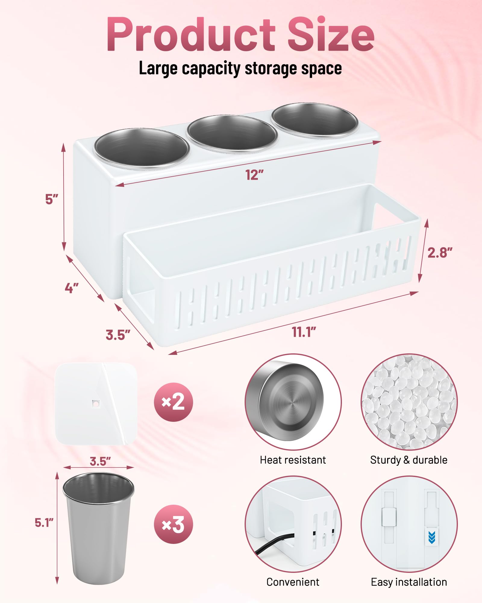 Hair Tool Organizer, Detachable Hair Dryer Holder with 3 Stainless Steel Cups, Wall Mounted Bathroom Organizers and Storage for Accessories, Curling Irons, Straighteners, Toiletries, Makeup - 2