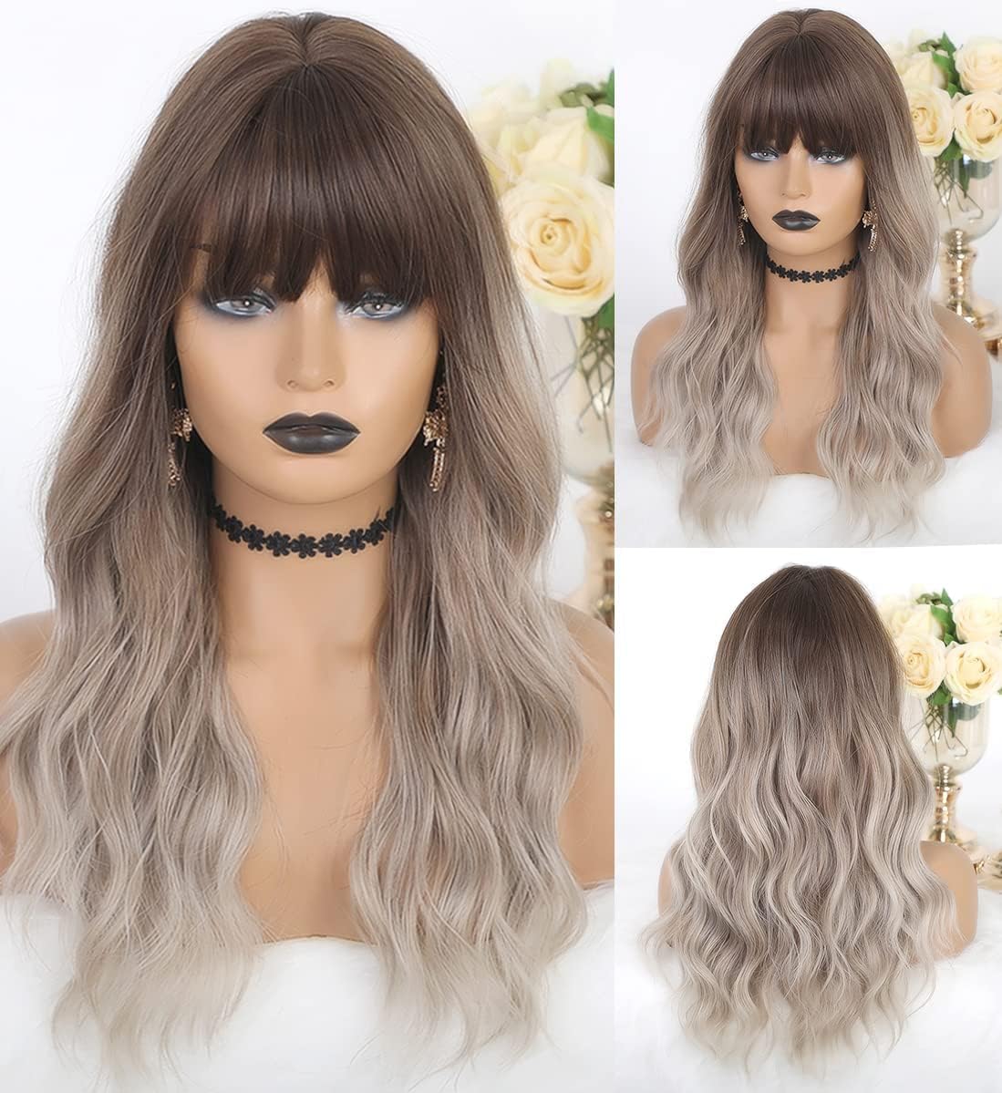 LANOVA Brown Ombre Ashy Silver Wigs with Bangs Wavy Hair Synthetic Glueless Wigs for Women 18 inch LANOVA-137