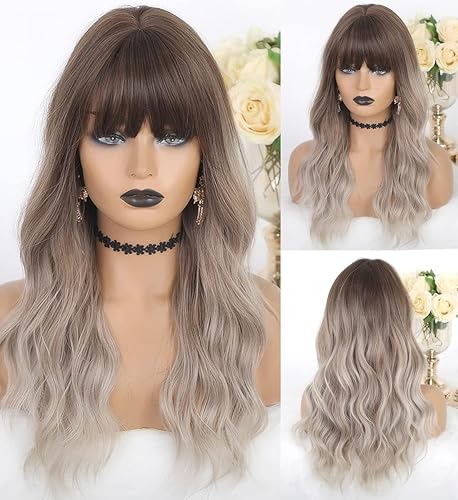 Miniatura 8 de LANOVA - Peluca desvanecida con fleco, peluca castaña rubia ondulada de cabello sintético sin pegamento, pelucas de cabello largo de aspecto natural