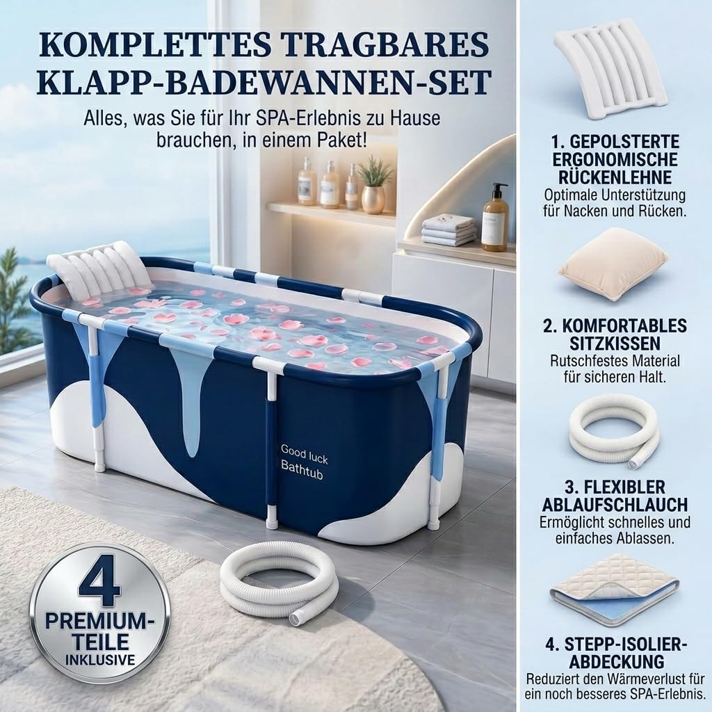 Baignoire pliable pour adulte de 55" - Baignoire mobile avec isolation et coussin confortable - Baignoire pliable pour adultes