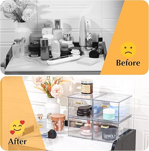 Miniatura 5 de Paquete de 4 cubos de almacenamiento de plástico, organizador de maquillaje acrílico para baño con asa, cajones de almacenamiento apilables pequeños