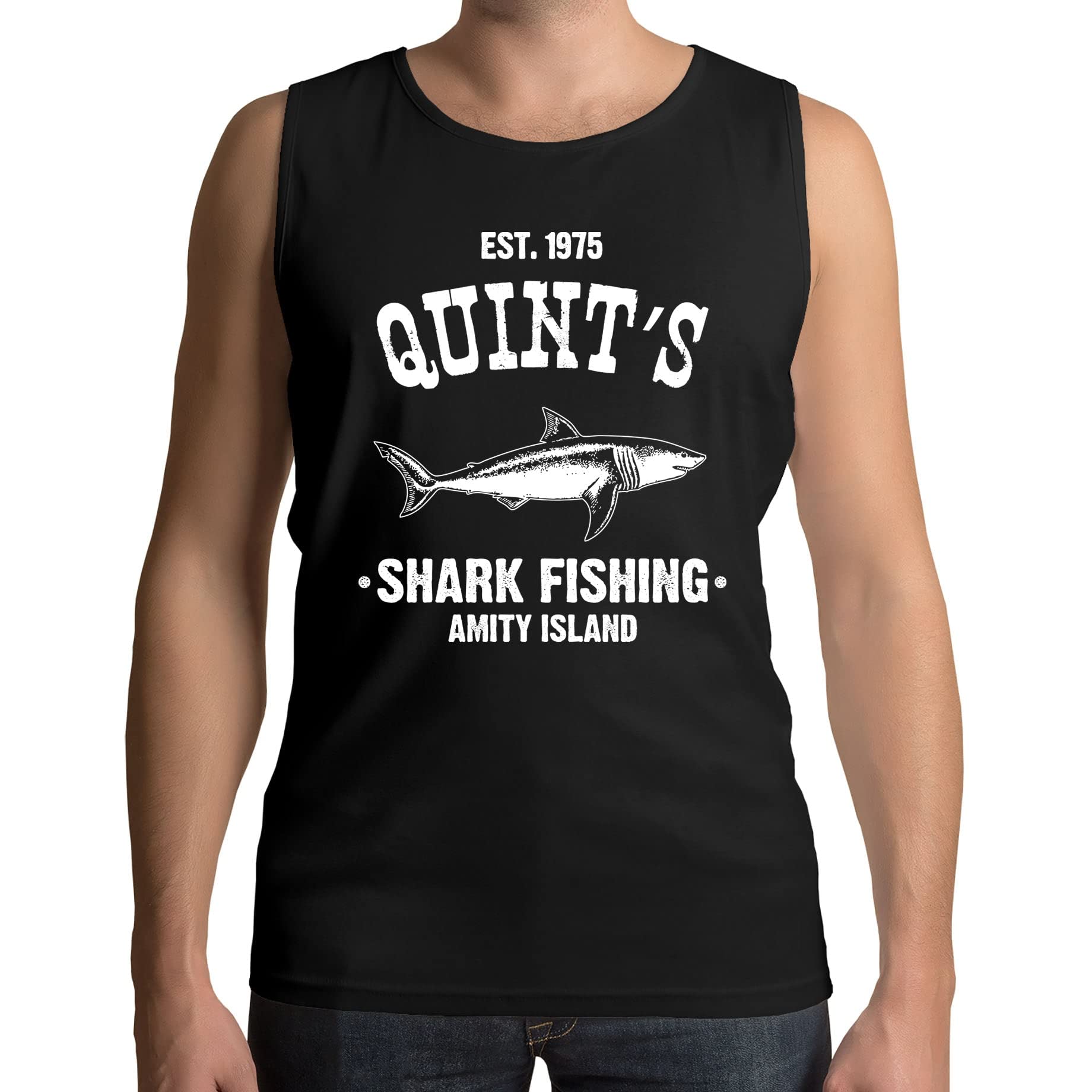 Mens Quints Fishing Shark Jaws Inspired Amity Cult Movie Vest Tank Top Black (XXL)