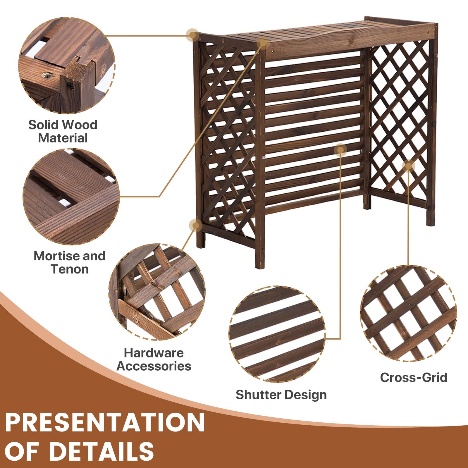 Cache Pompe a Chaleur Extérieur Bois Cache Climatiseur Extérieur Marron Support De Climatiseur En Bois Jardin Housse Pompe a Chaleur Conception Cachée De Climatisation Décoration Balcon(110x50x85cm)