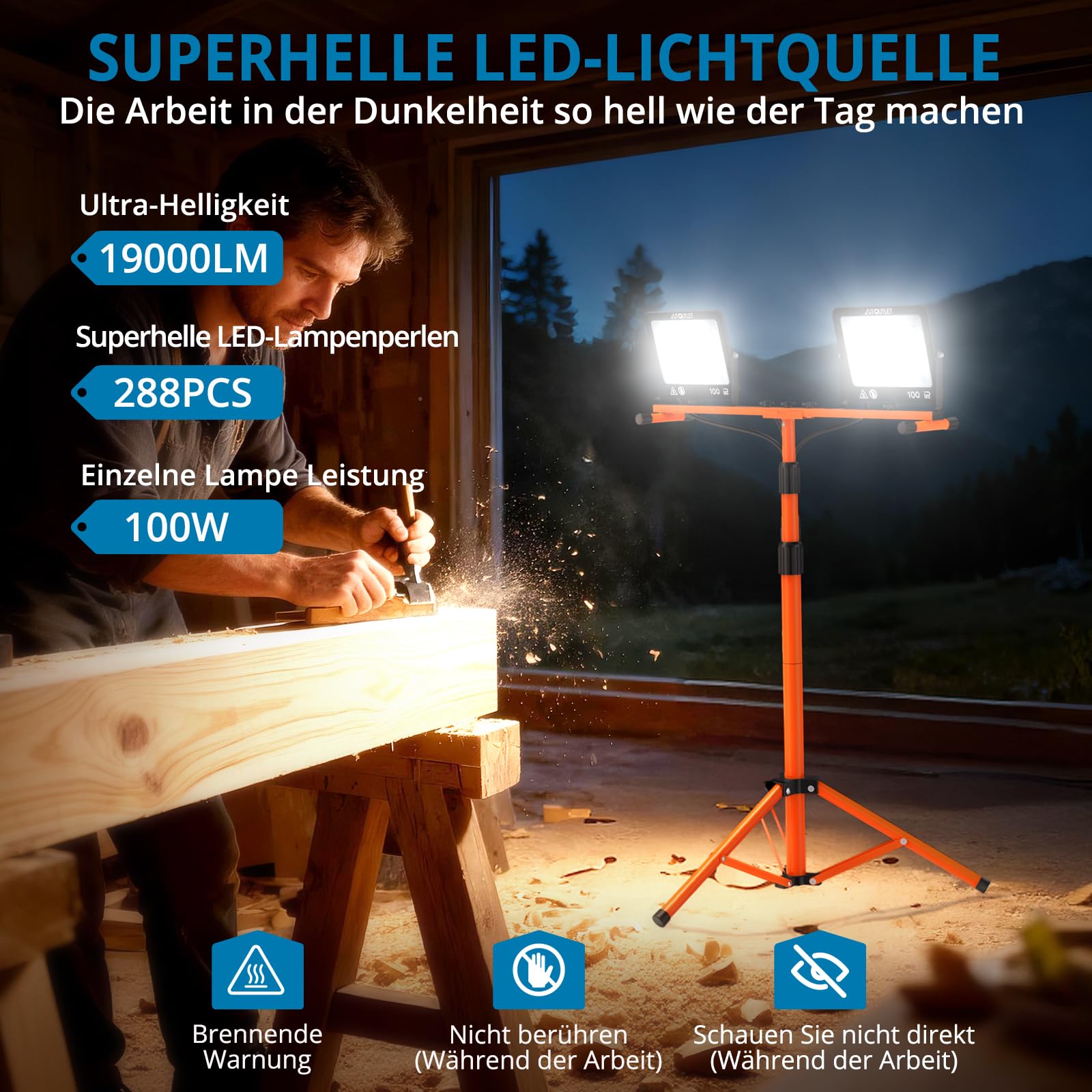 AUTOUTLET Baustrahler LED mit Stativ 200W, 3 Farbtemperaturmodi & 5M Kabel | 19000LM Baulampe, 3000K/5000K/6500K, 118-174cm Höhenverstellbar Stativ, IP66 Wasserdicht, Abnehmbar, für Garage Baustelle