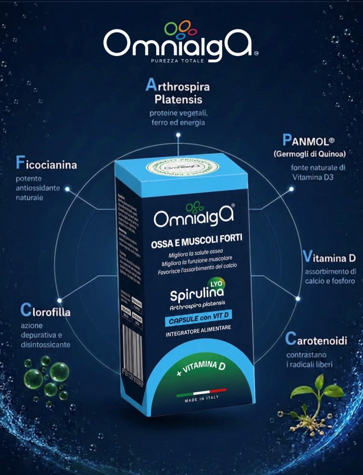 Omnialga Spirulina Lyo Capsule con vitamina D - Micoperi Blue Growth - Made in Italy