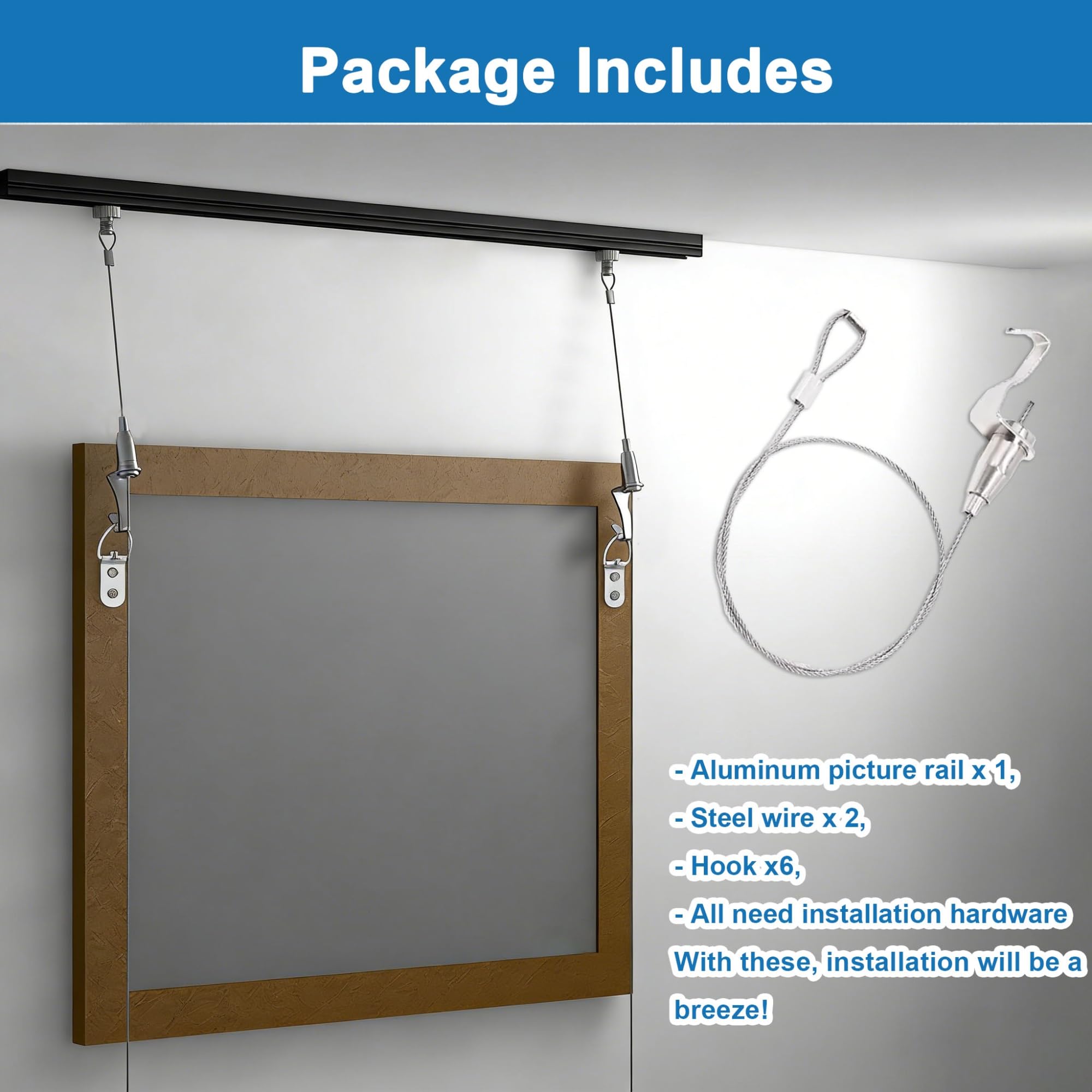 Sistema de suspensión ajustable de aluminio con alambre de acero inoxidable y hoo, perfecto para galería, museo, hogar y oficina (cable de 98 pulgadas, pista de 43.3 pulgadas)