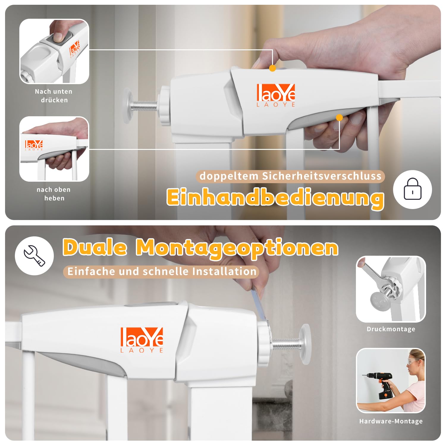 LAOYE cancelletto per bambini, Cancelletto per scale senza trapano, altezza extra alta 92 cm, larghezza 75-124 cm con 3 estensioni, per bambini, cani gatti, chiusura automatica arresto a 90°-Bianco