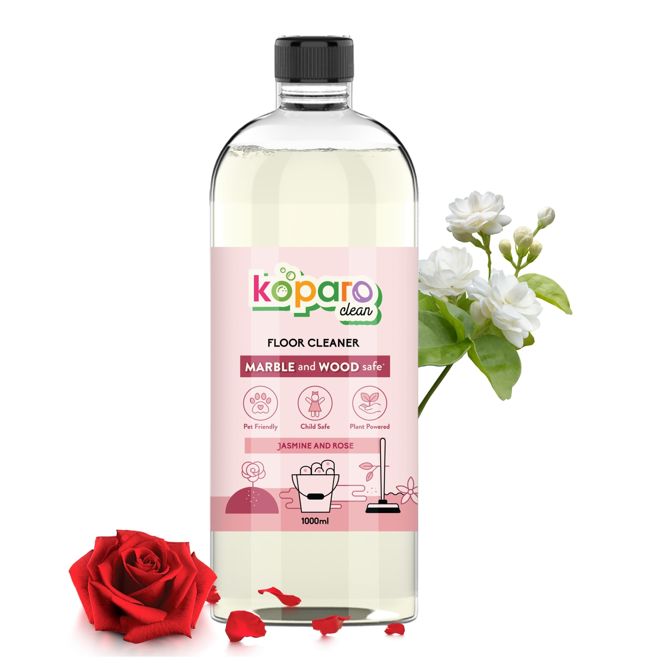 Koparo Natural Disinfectant Surface & Floor Cleaning Liquid | 1 Litre | Plant-Based Non-Toxic Germ Kill Formula | Jasmine Freshness | Safer Than Phenyl | Kids Safe & Pet Friendly