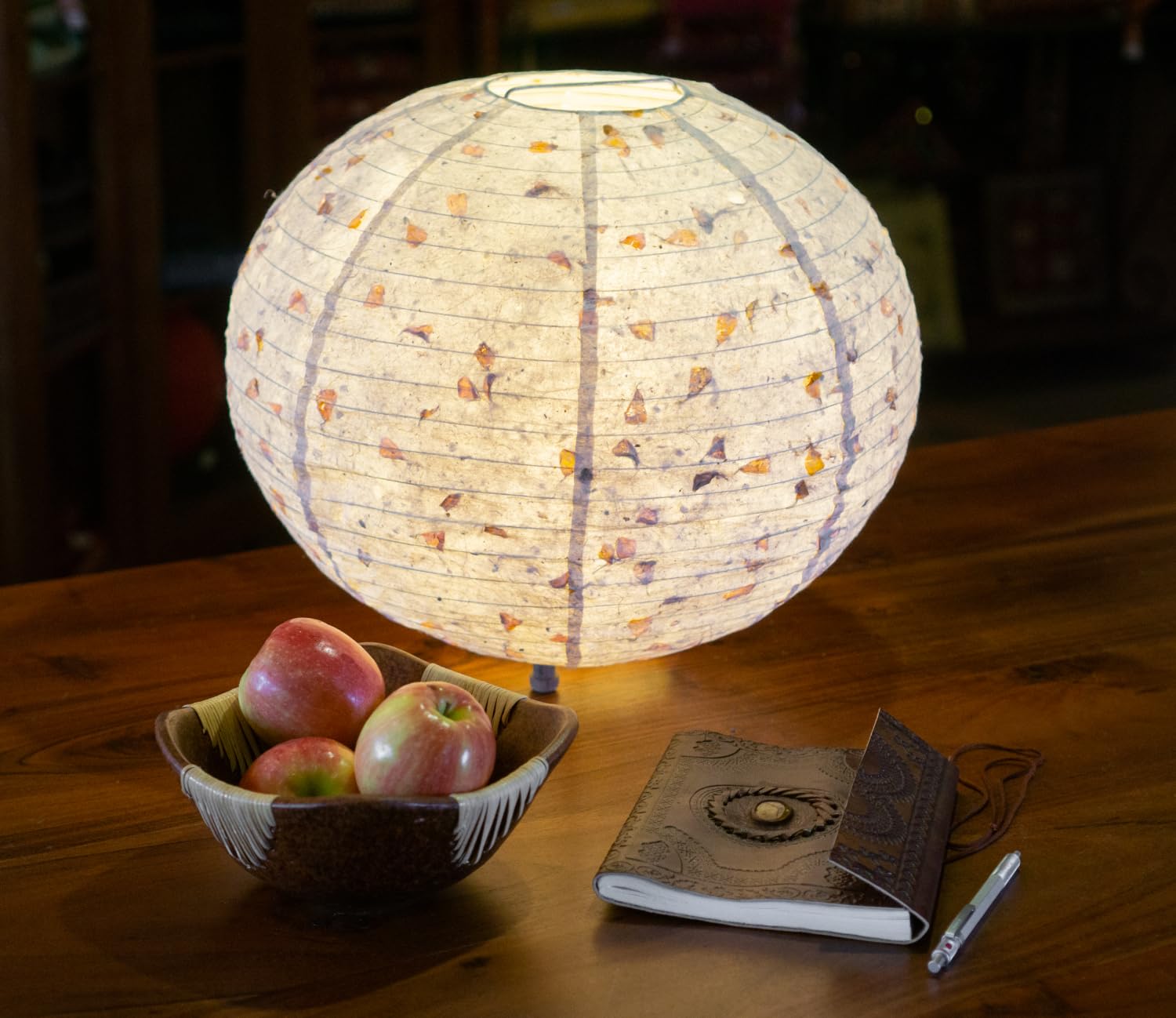 GURU SHOP Coronada Round Reispapier Tischlampe – Faire Stehlampe Mit Blüten-Motiv Aus Nepal (Beige, 33x35x35 Cm)