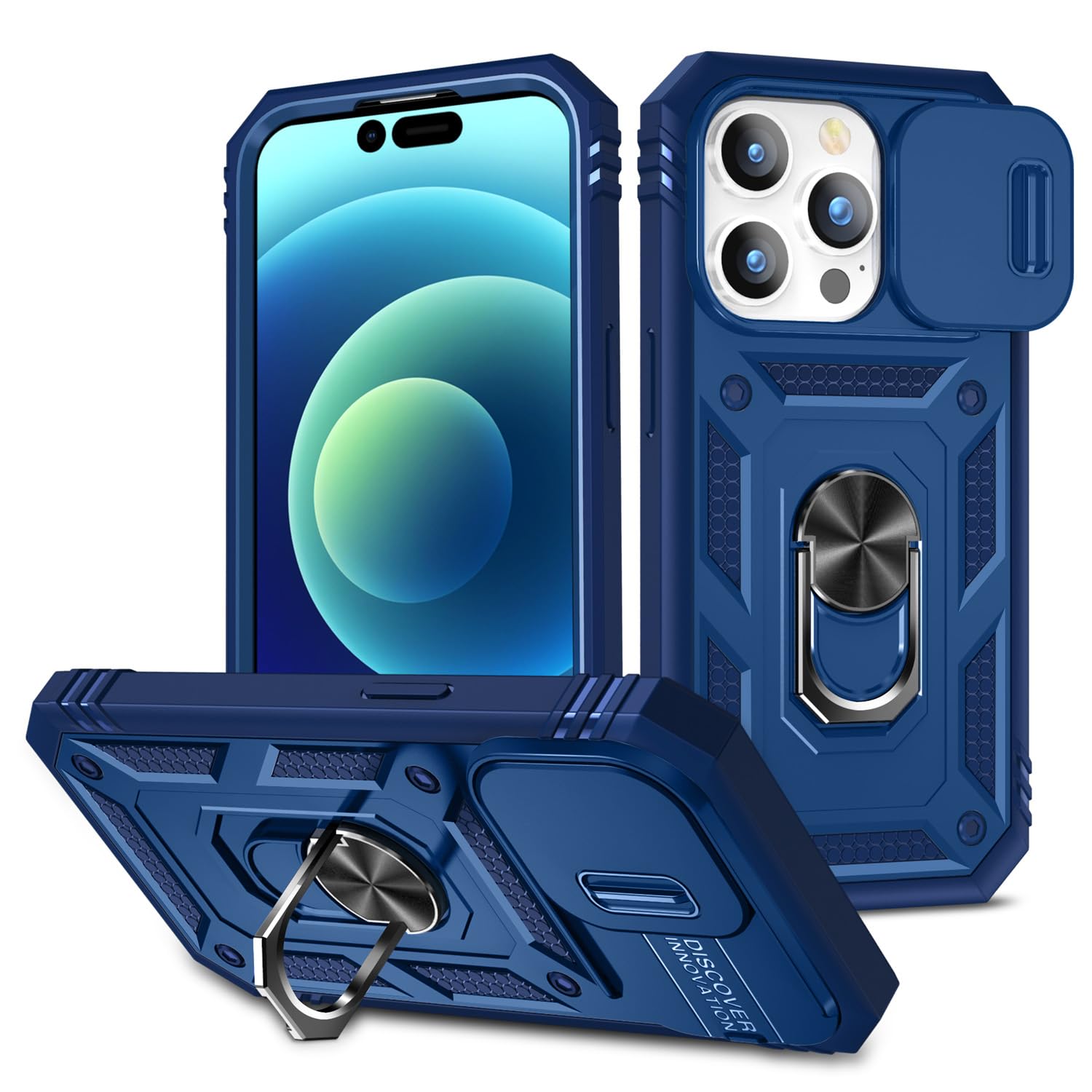 Fetrim Case for iPhone 15 Pro Max, Camera Cover Phone Case with Rotation Ring Stand for Apple iPhone 15 Pro Max - Blue