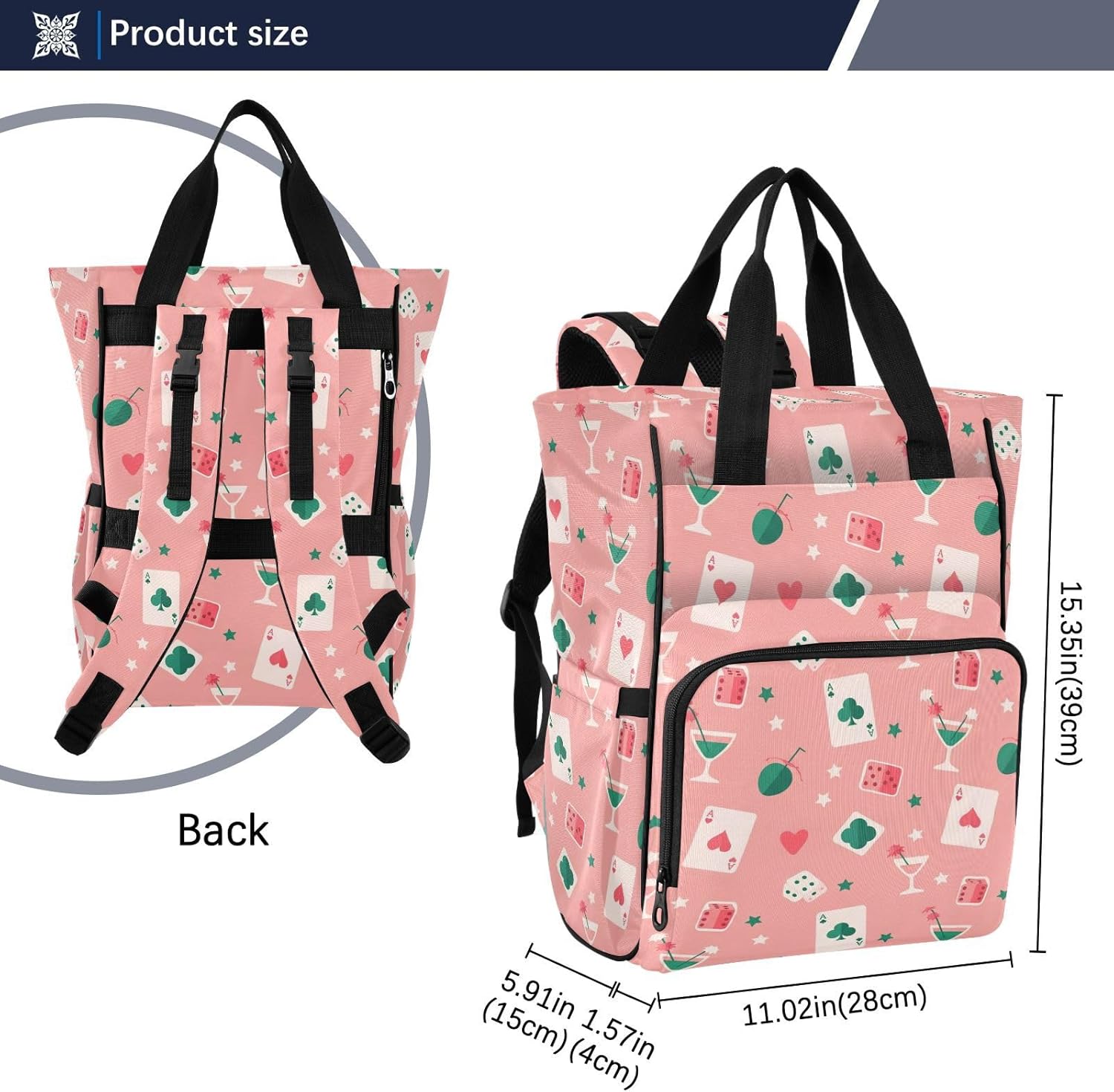 SPRIPORT Dice Stars Hearts Pink Pattern Diaper Bag Backpack for Baby Boys Girls Multifunction Baby Essentials Travel Tote with Stroller Straps & Bottle Storage Large Travel Diaper Backpack for Baby