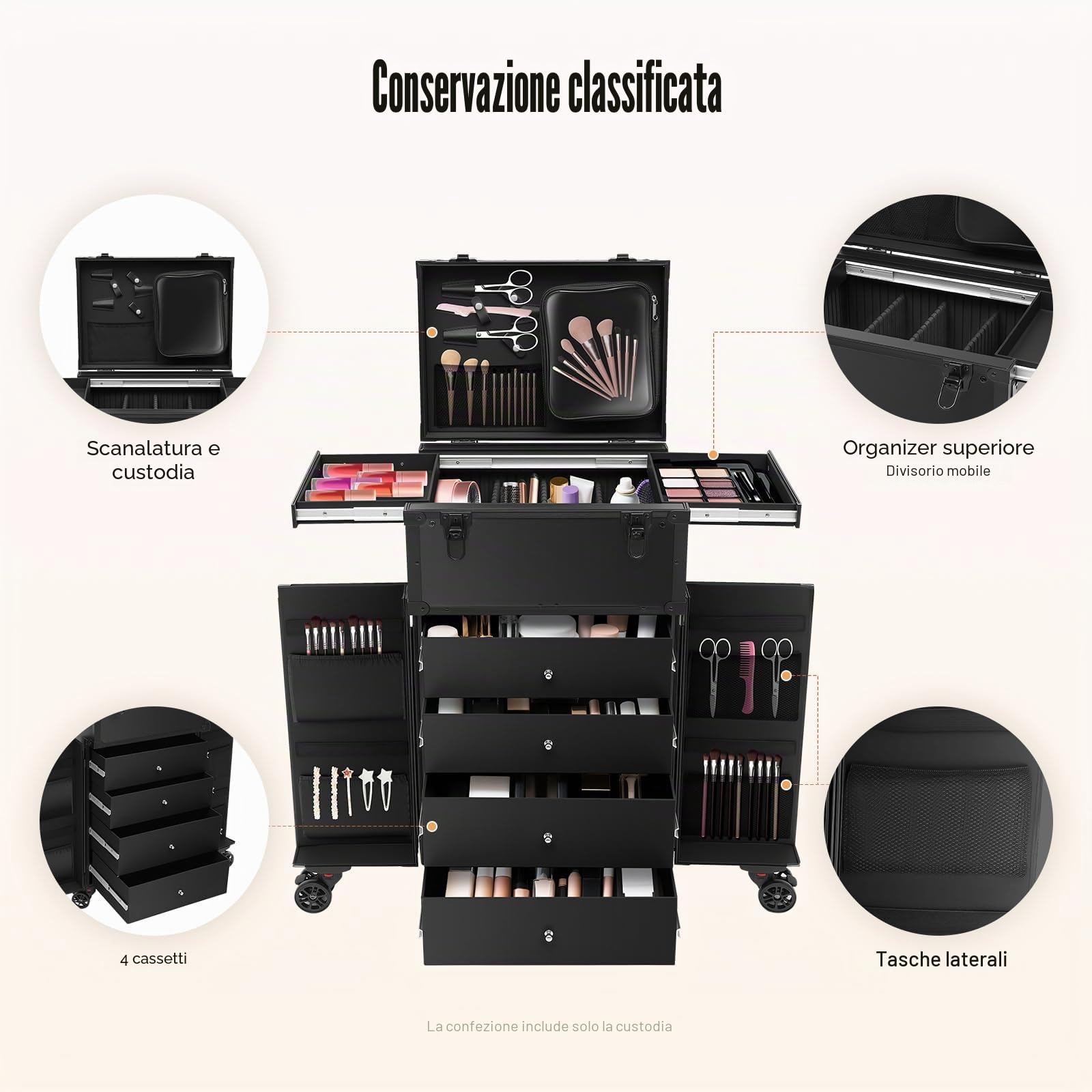 Valigetta per cosmetici con trolley, grande valigetta per trucco con 6 ruote universali a 360°, valigetta in alluminio con 4 cassetti, con serratura per truccatori e amanti della bellezza