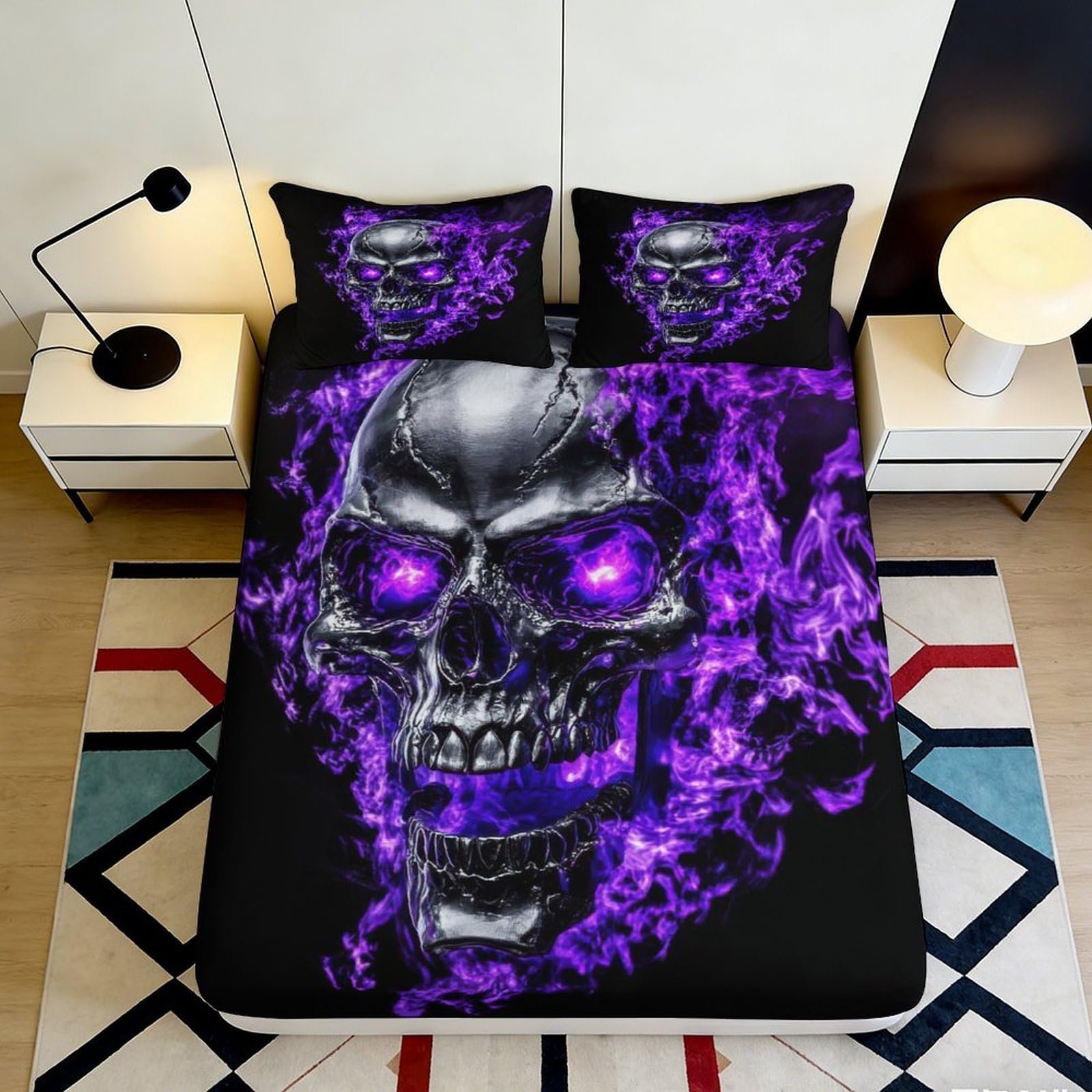 Pnayamiorkfel Style-10 3D Printed Purple Skull Fitted Sheet Microfiber Soft Breathable Flame Bed Cover For Bedroom Dorm Mattress Protection Decor 90X200x25cm