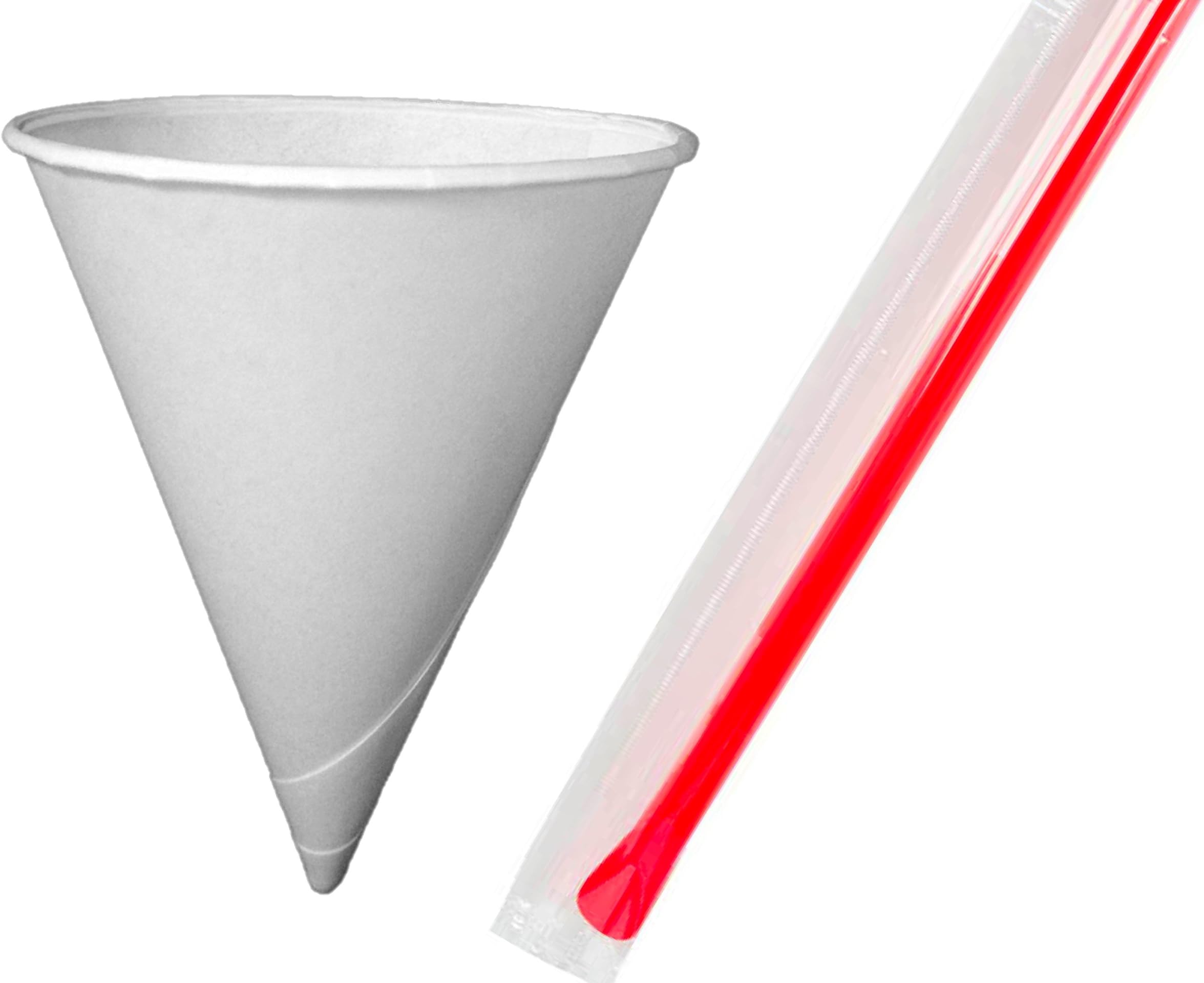 Dot Red - 50ct. 6oz Snow Cone Cups & 50 Wrapped Jumbo Spoon Straw Set, Recyclable Paper Cup - 50 Pack