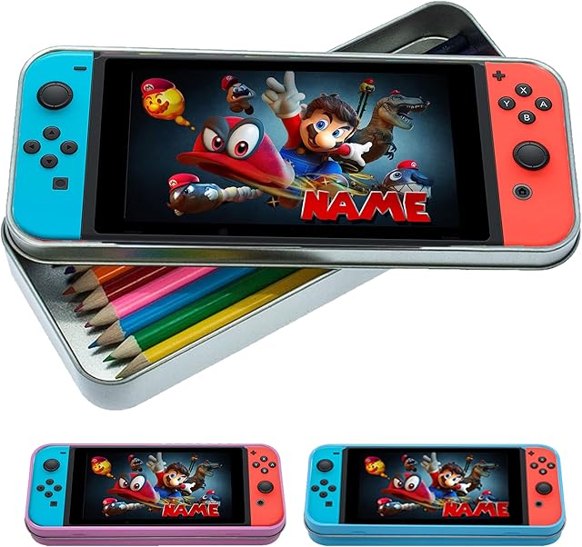 Print Maniacs Personalised Nintendo Switch Game Tin Pencil Case Back to School Kids Tidy Stationary Organizer Mario (Red and Blue Image, Blue Case)