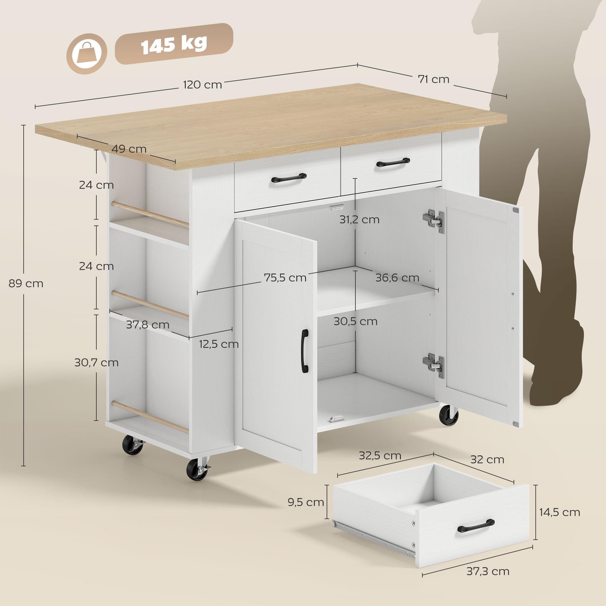 HOMCOM Îlot de Cuisine avec Station de Charge, Chariot de Cuisine à roulettes avec Plan de Travail Rabattable, Racks à Épices, 2 Tiroirs et Étagère Réglable, pour Cuisine et Salle à Manger, Blanc