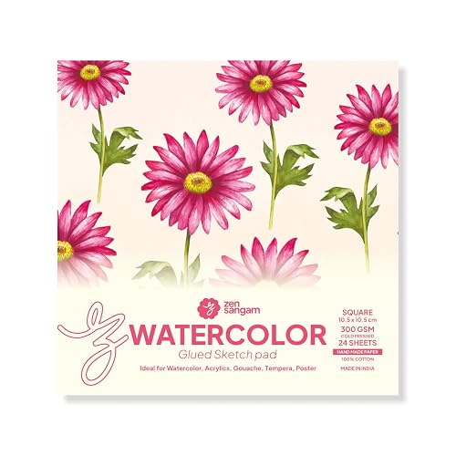 Zen Sangam Artists’ - Square Watercolor Glued Sketch Paper Pad - 300 GSM - 100% Cotton Handmade Papers - (24 Sheets) - Rough Grain Surface - Size (10.5cm x 10.5cm)