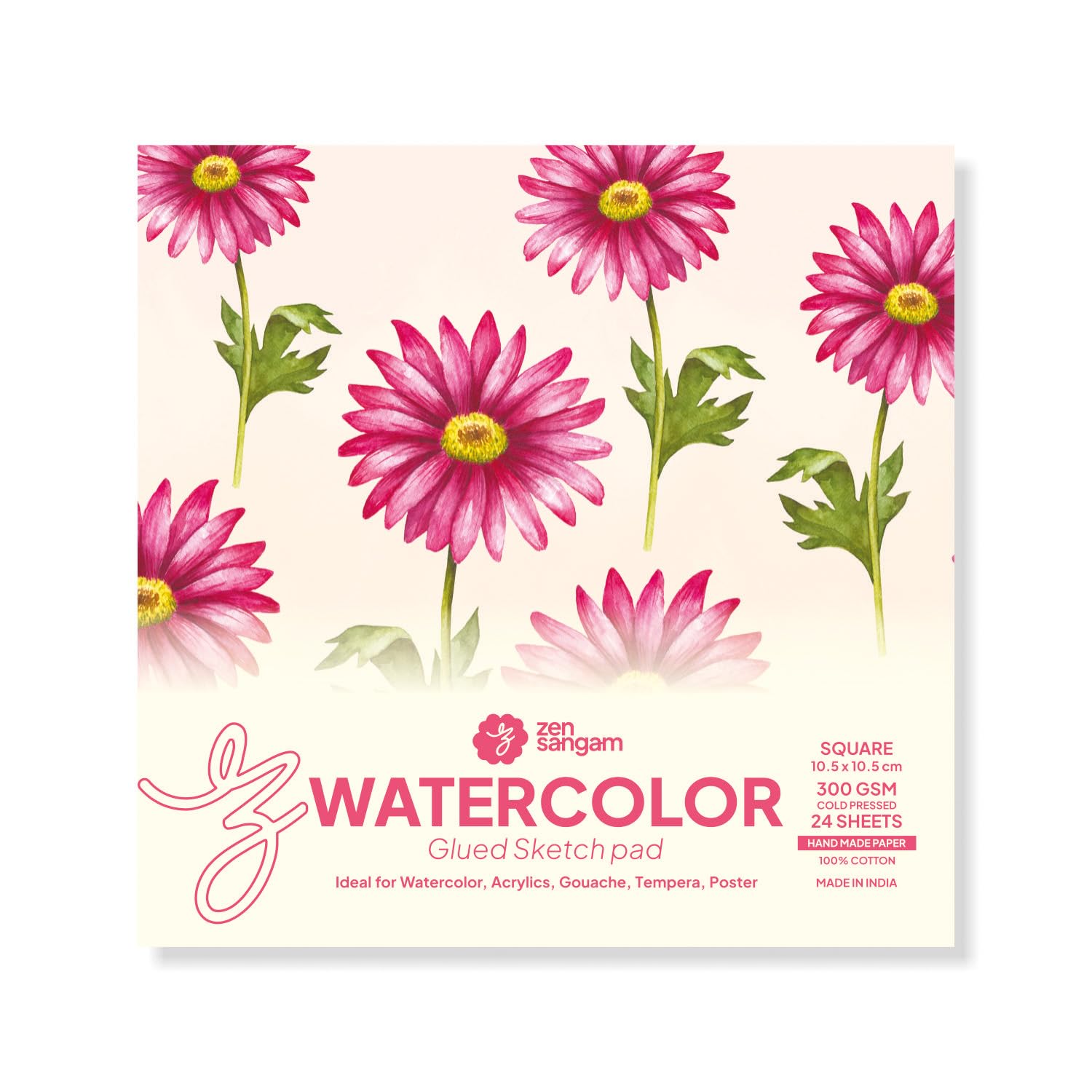 Zen Sangam Artists’ - Square Watercolor Glued Sketch Paper Pad - 300 GSM - 100% Cotton Handmade Papers - (24 Sheets) - Rough Grain Surface - Size (10.5cm x 10.5cm)