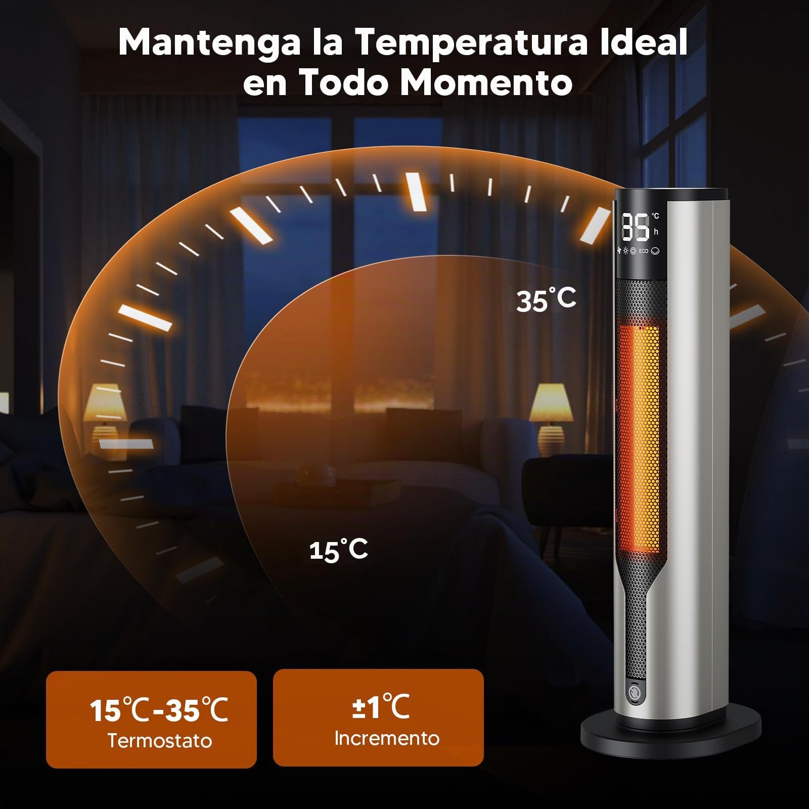 Calefactor Bajo Consumo 2000W, Calefactor Baño Portátil, Estufa Eléctrica Oscilante 70°, Calefactor Ceramico PTC con Mando de Distancia, 3 Modos, Temporizador 12h, Doble Protección de Seguridad