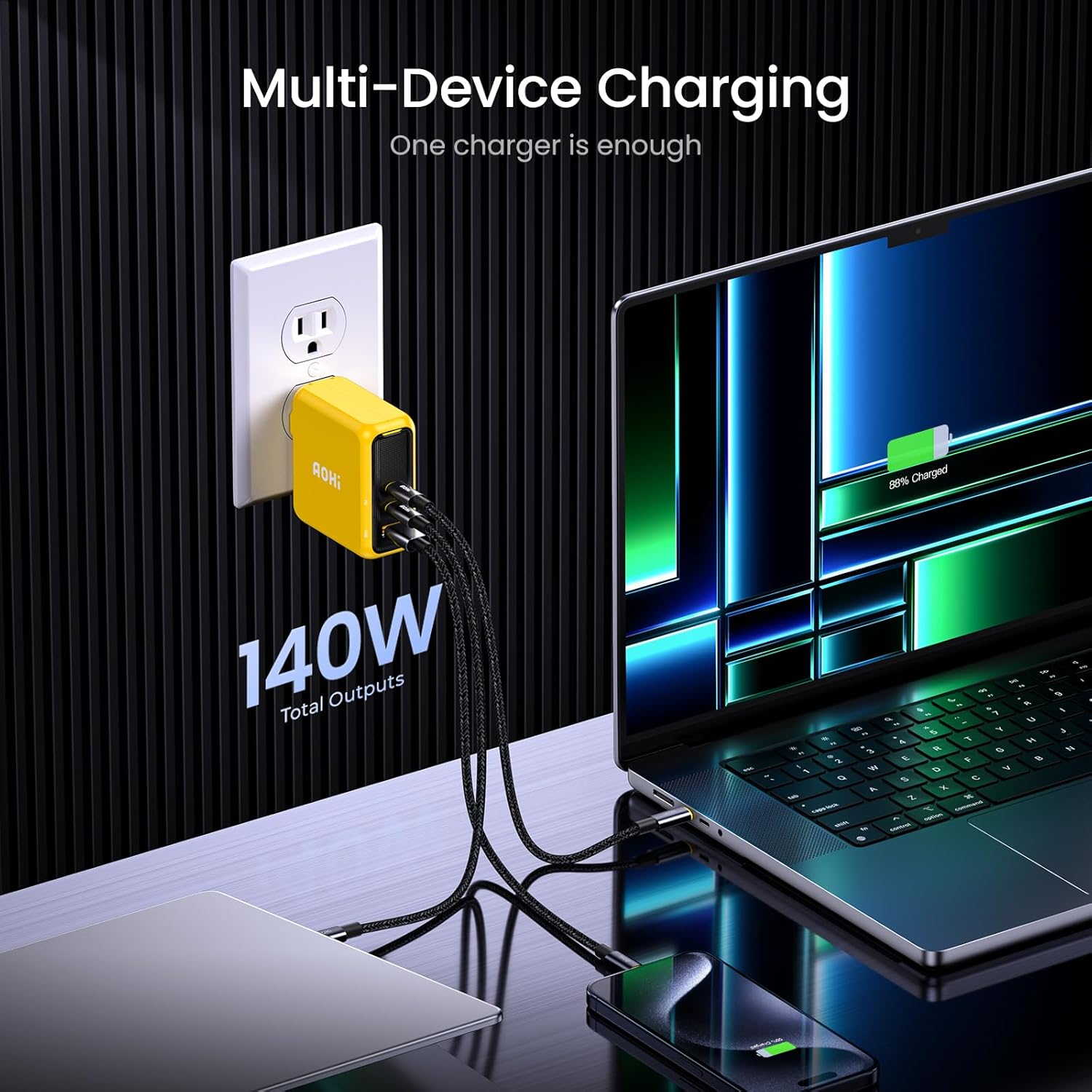 AOHI Magcube 140W USB C Charger PD3.1 3-Port GaN+ Laptop Wall Charger+USB 4 2.0 Cable 6.6FT with up to 120Gbps Bandwidth Boost Dual 8K/4K Display 240W PD 3.1 Fast Charging