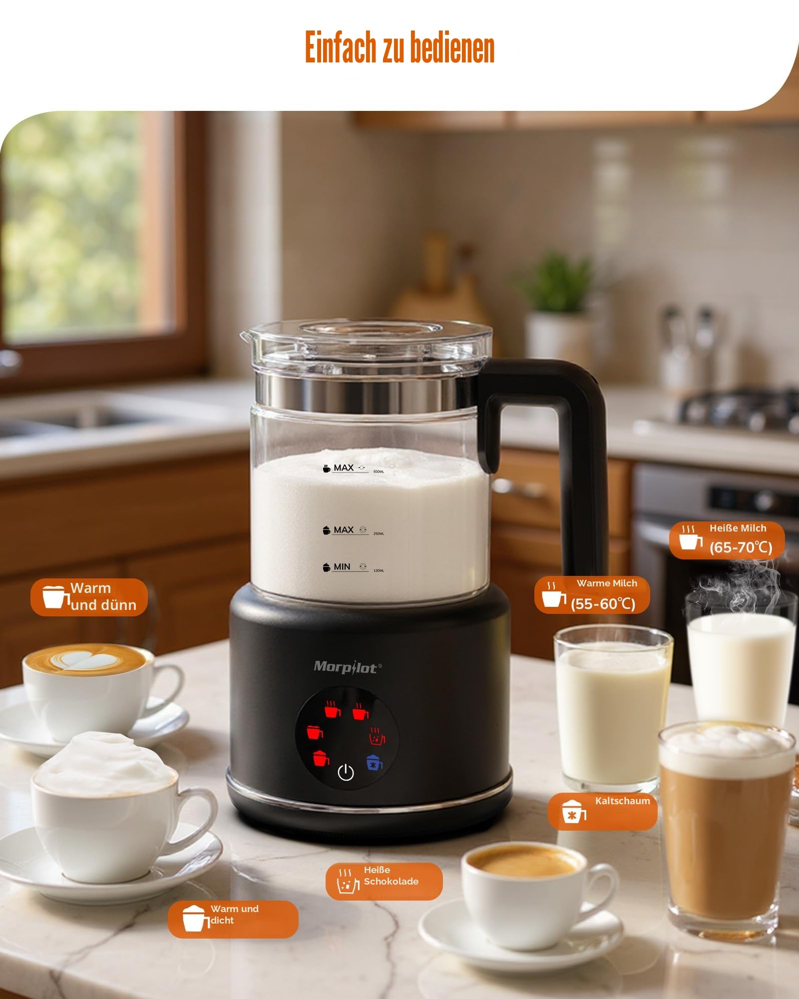 Morpilot Milchaufschäumer Elektrisch, 6 in 1 Milchschäumer für Milchschaum heiß und kalt, heißer Schokolade, 130-500ml, 600W, Visuelles Glas, Latte-Design, Spülmaschinenfest, Schwarz