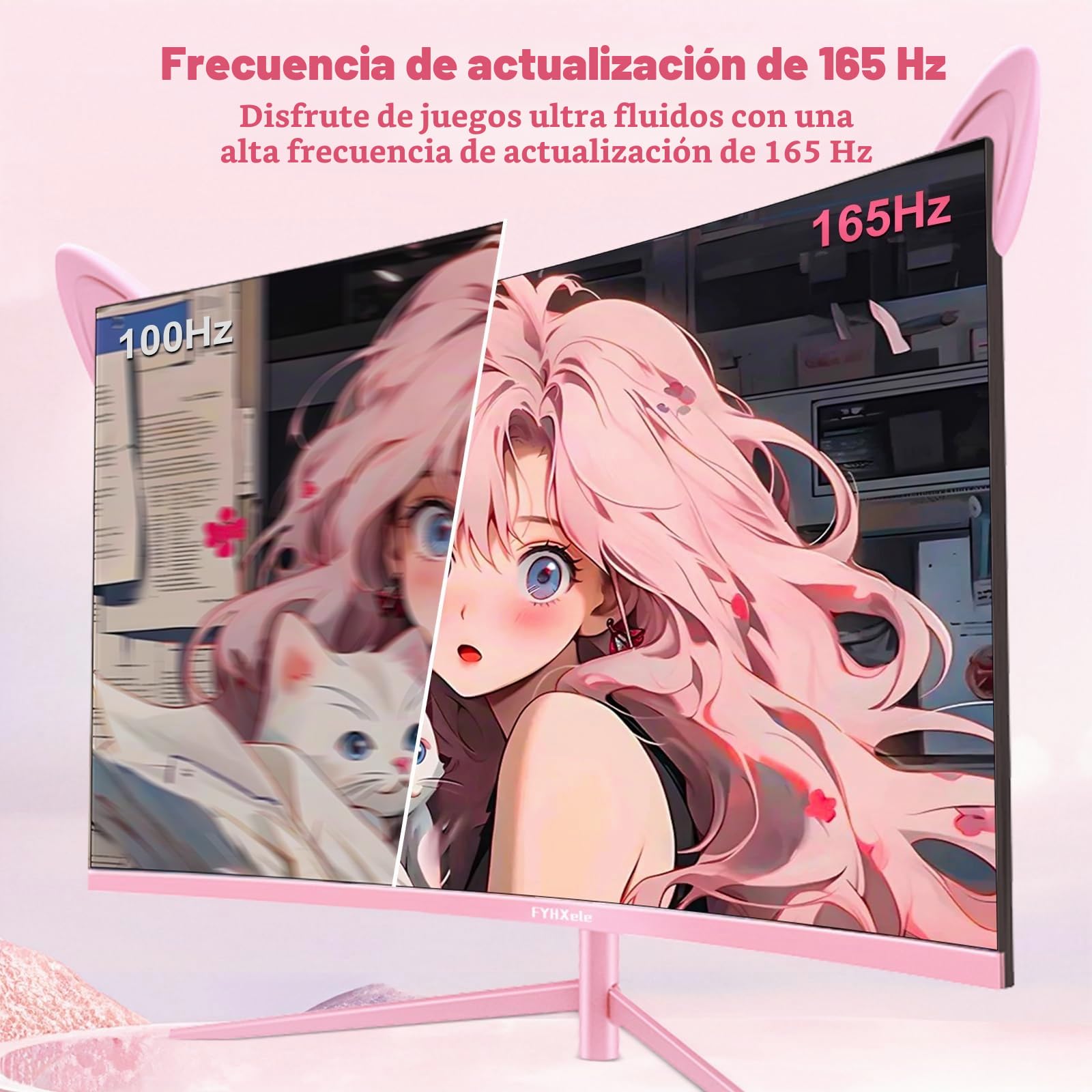 FYHXele Monitor Curvado, 27 Pulgadas, Velocidad 165 Hz, 1800R,VA 3000:1, 1ms, Tecnología AMD FreeSync,Inclinación Ajustable(1920x1080, 300cd/m² VESA, DP,USB, HDMI) Rosa