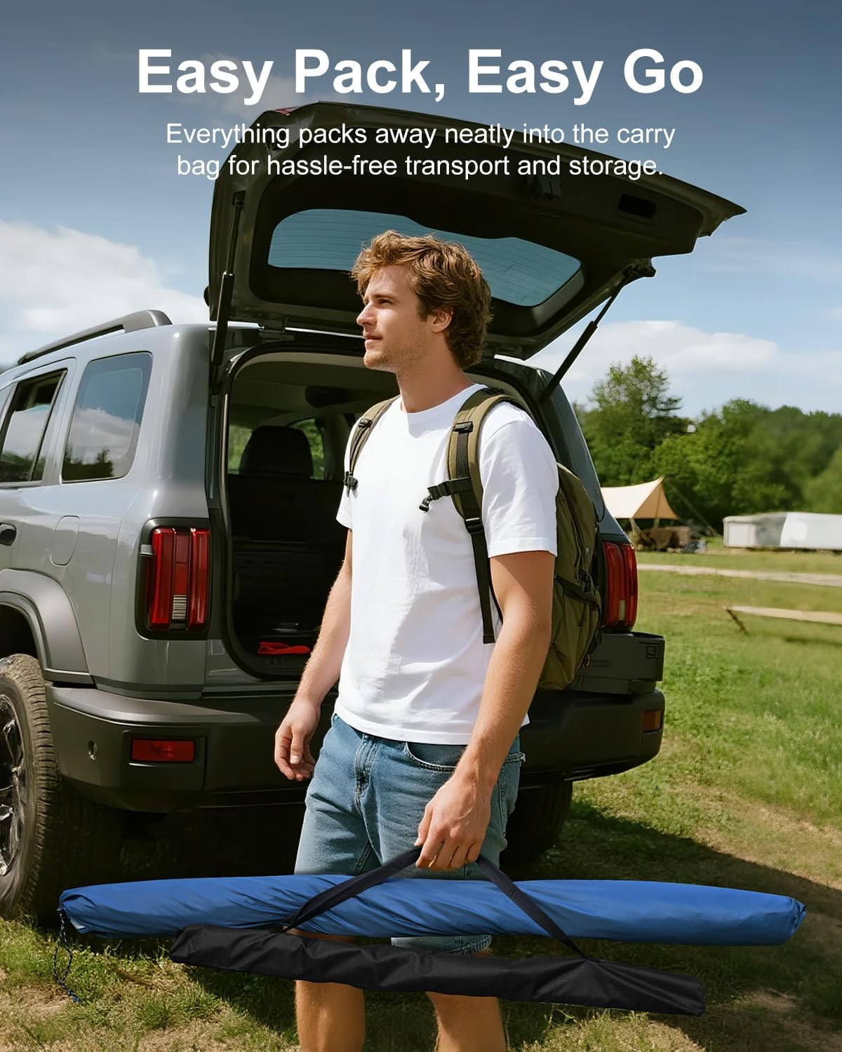 Portable Car Awning for SUV/Truck RV, Shade Waterproof Roof Rack Awning with Side Wall, Heavy Duty Magnets, Suction Cups & Reinforced Poles for Overland, Camping, Beach, Tailgating (Blue)